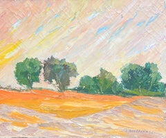 1970's Colorful Abstract Orange Field Landscape with Trees Textured Oil Painting