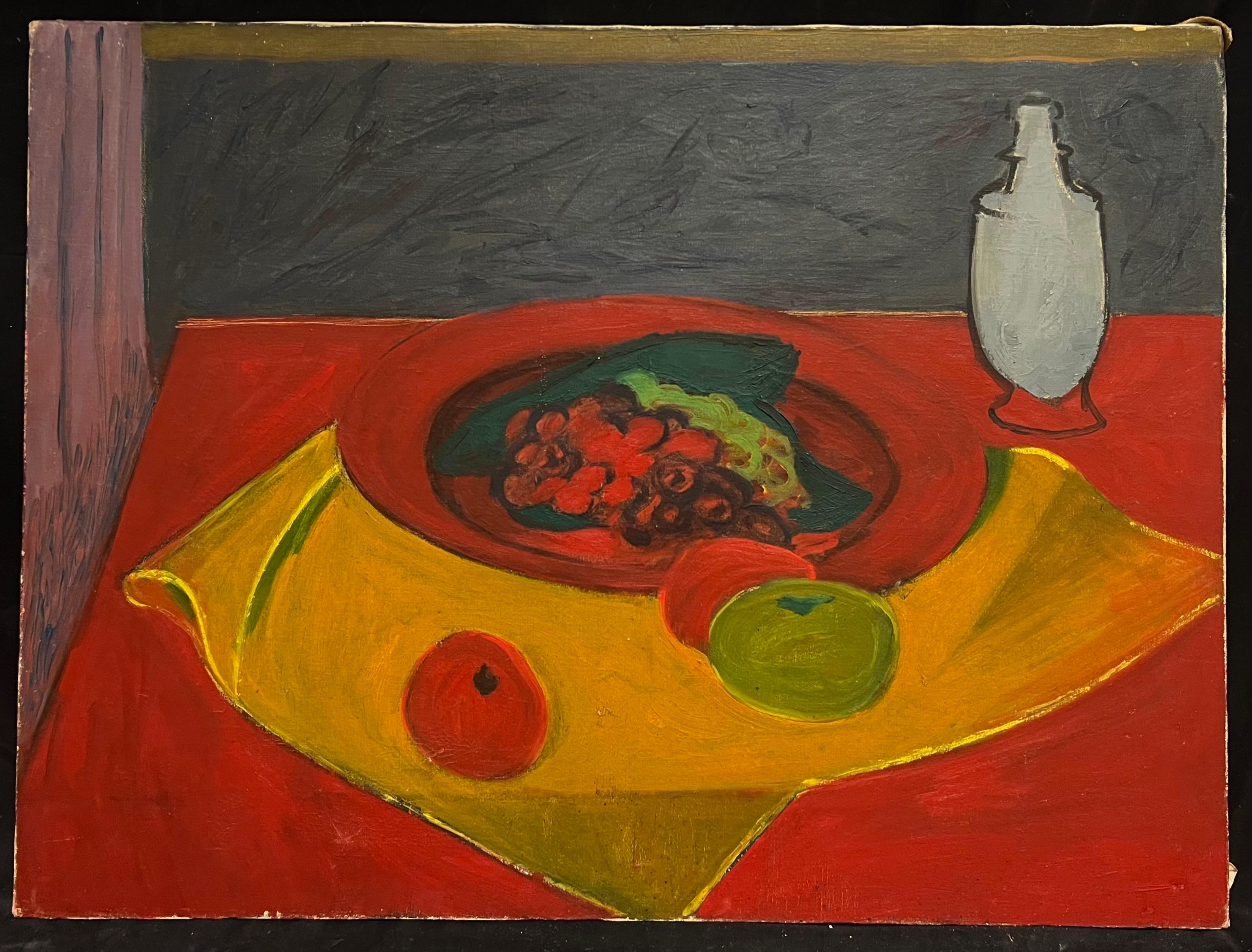 Quadro ad olio francese del 1970 con natura morta modernista, frutta e drappeggi rossi - Painting di French School