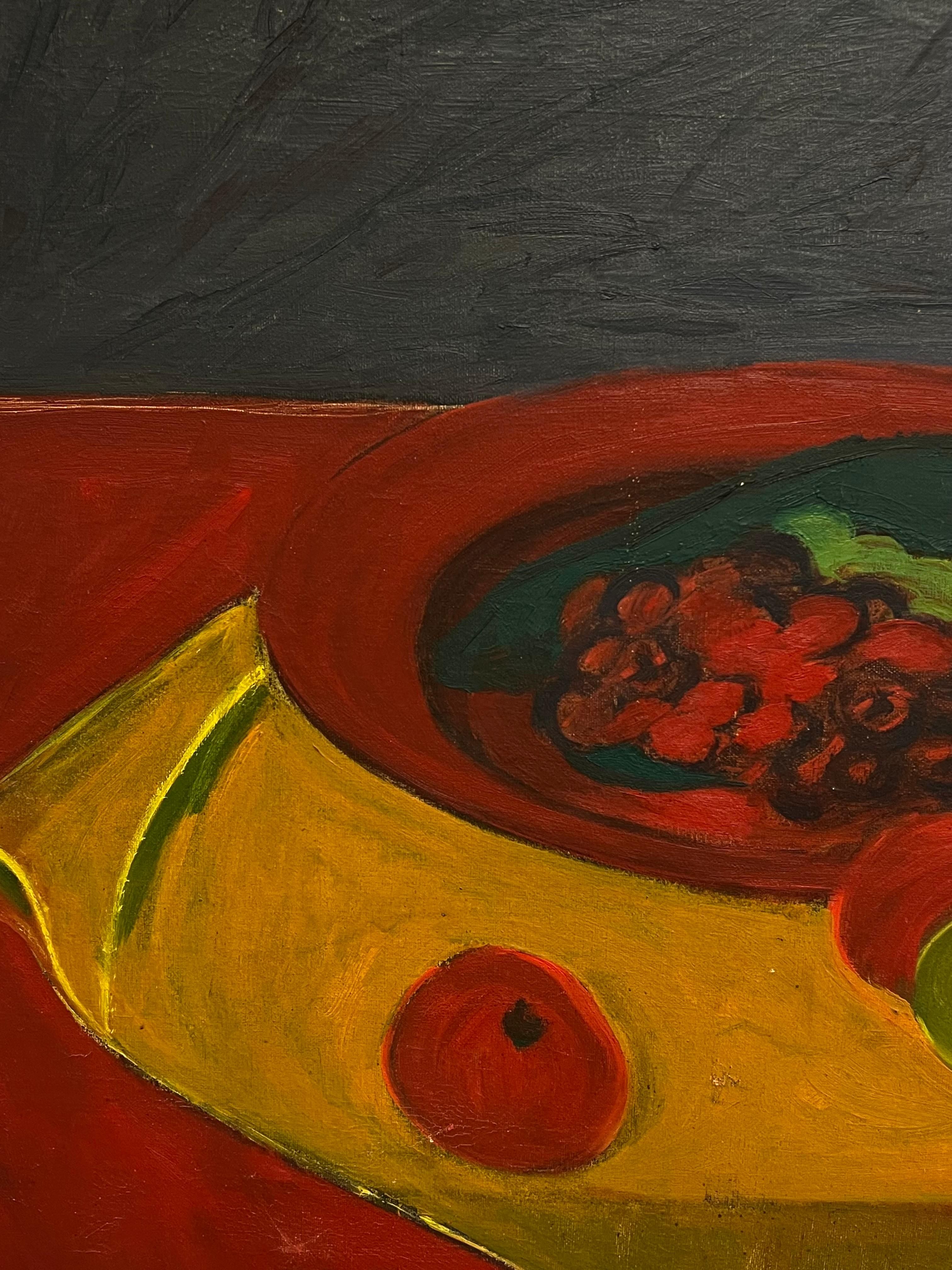 Una natura morta audace
Modernista francese, periodo 1970-1980 circa
olio su tela, senza cornice
tela: 22 x 29 pollici
Provenienza: collezione privata, Francia
Condizioni: ottime condizioni

Descrizione:
Questo dipinto a olio modernista presenta una