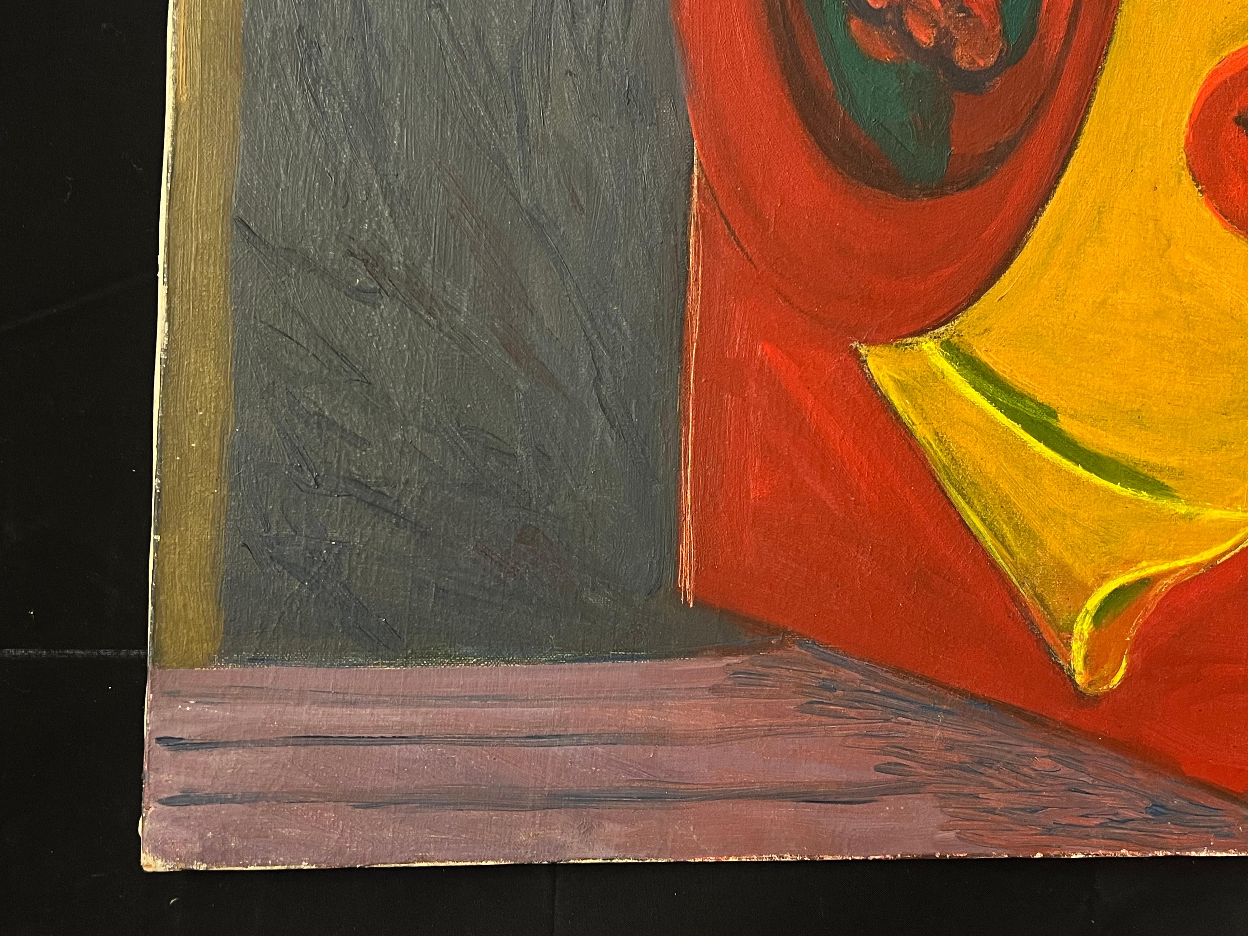 Quadro ad olio francese del 1970 con natura morta modernista, frutta e drappeggi rossi in vendita 1