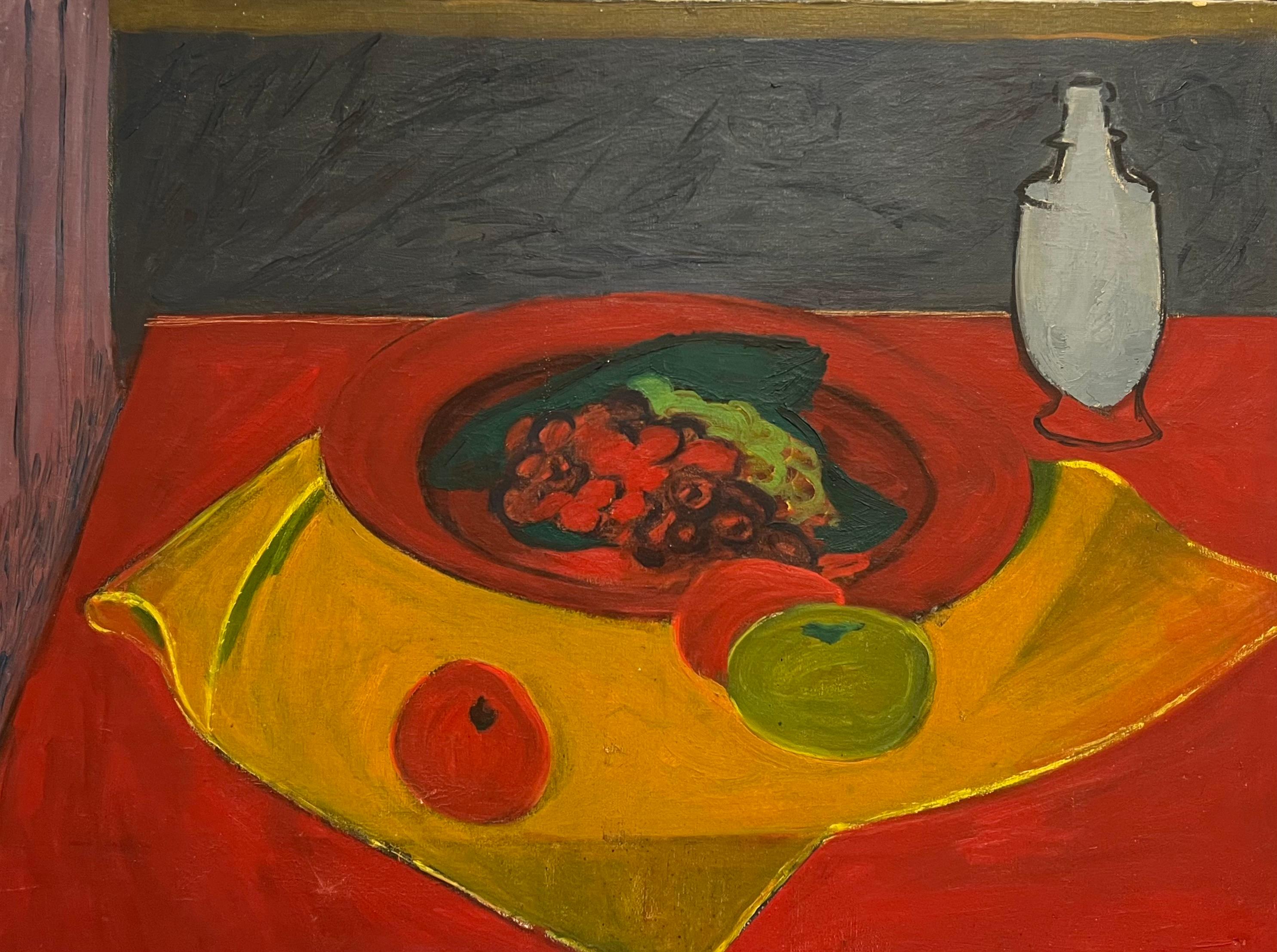 Interior Painting di French School - Quadro ad olio francese del 1970 con natura morta modernista, frutta e drappeggi rossi