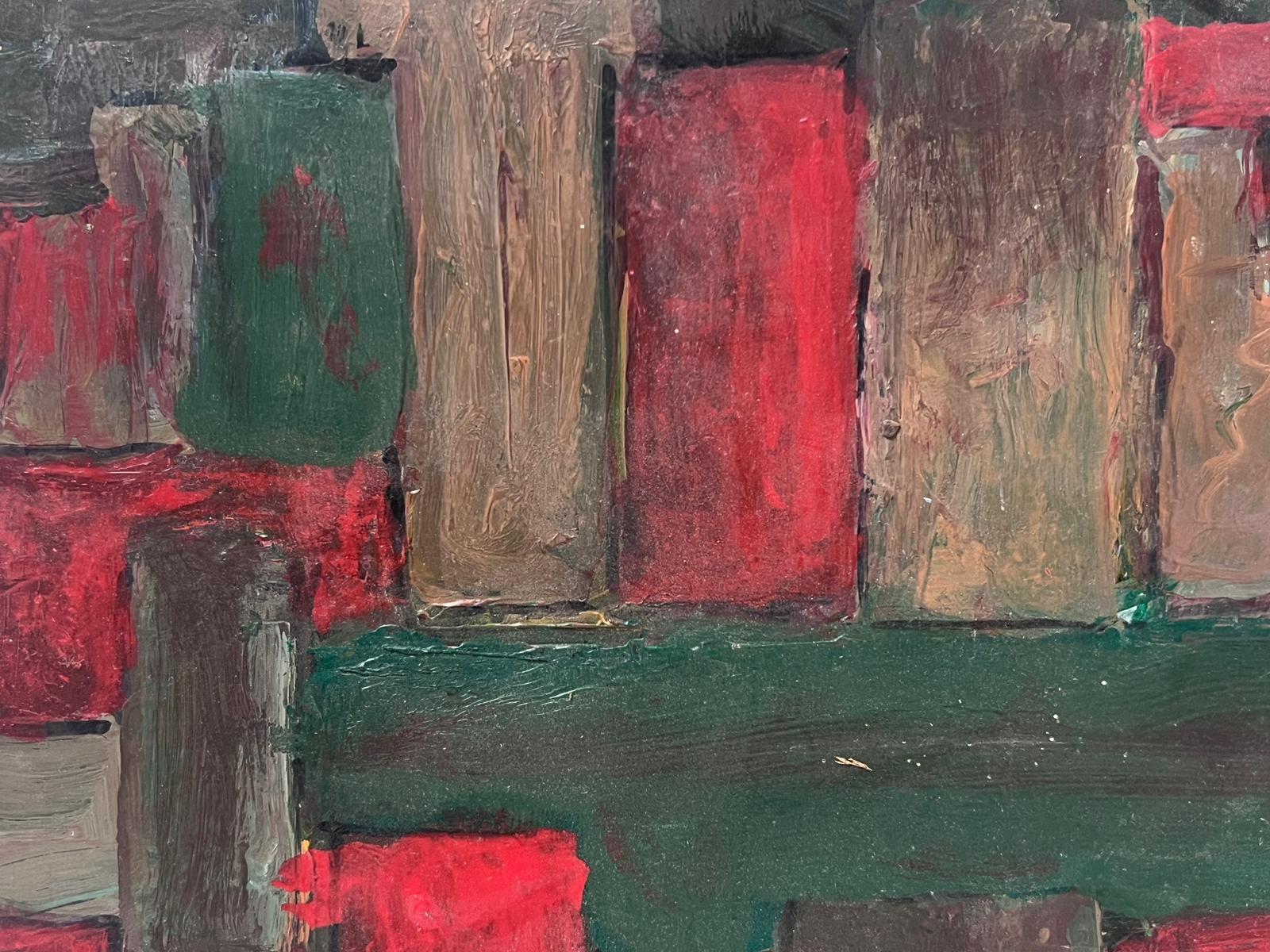 1970's French Cubist Abstract Oil Painting Red & Green Colors 1