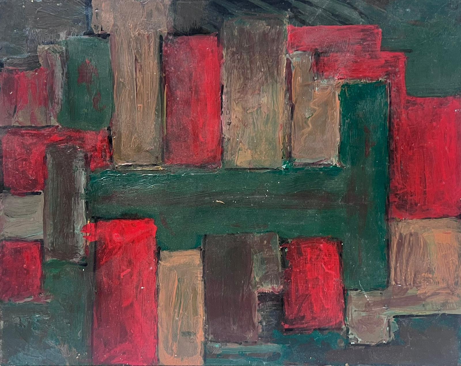 1970's French Cubist Abstract Oil Painting Red & Green Colors 2