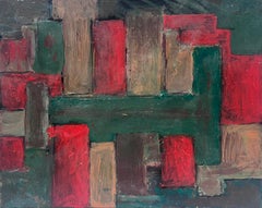 Vintage 1970's French Cubist Abstract Oil Painting Red & Green Colors