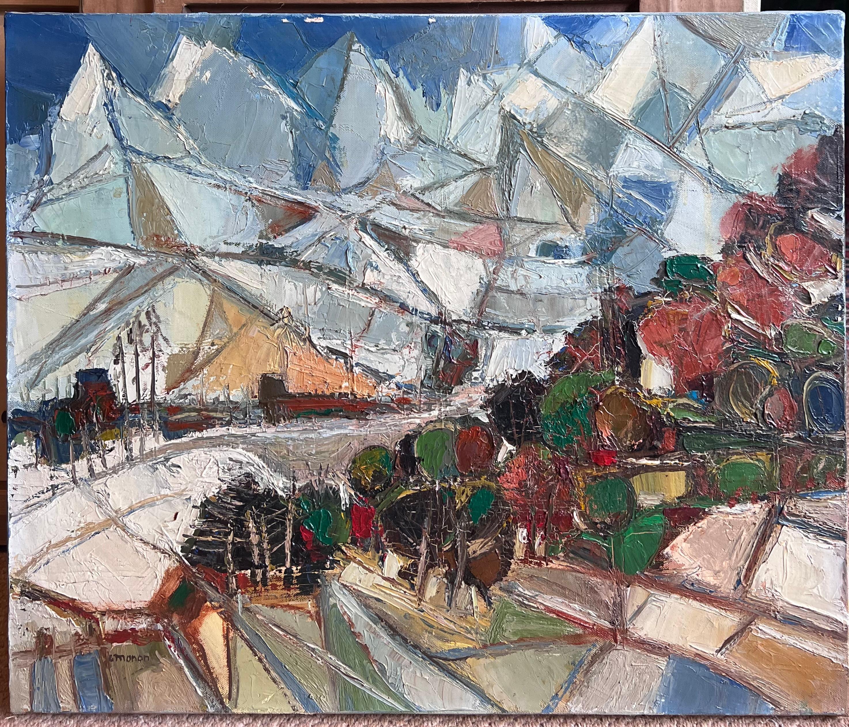 Französische kubistische Moderne der 1970er Jahre, signiertes Ölgemälde Berge in Landschaft, Landschaft – Painting von French School
