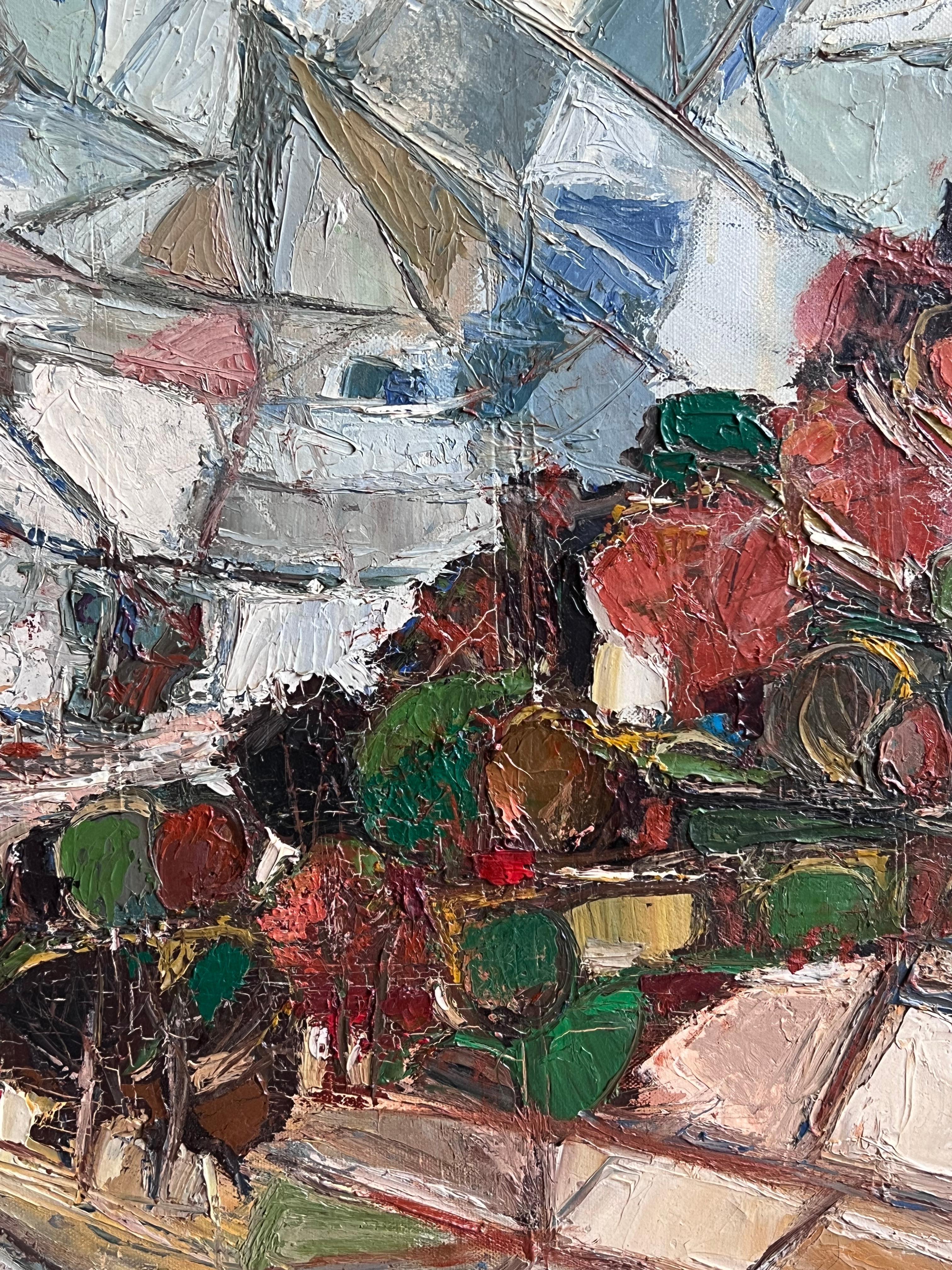 Französische kubistische Moderne der 1970er Jahre, signiertes Ölgemälde Berge in Landschaft, Landschaft (Kubismus), Painting, von French School