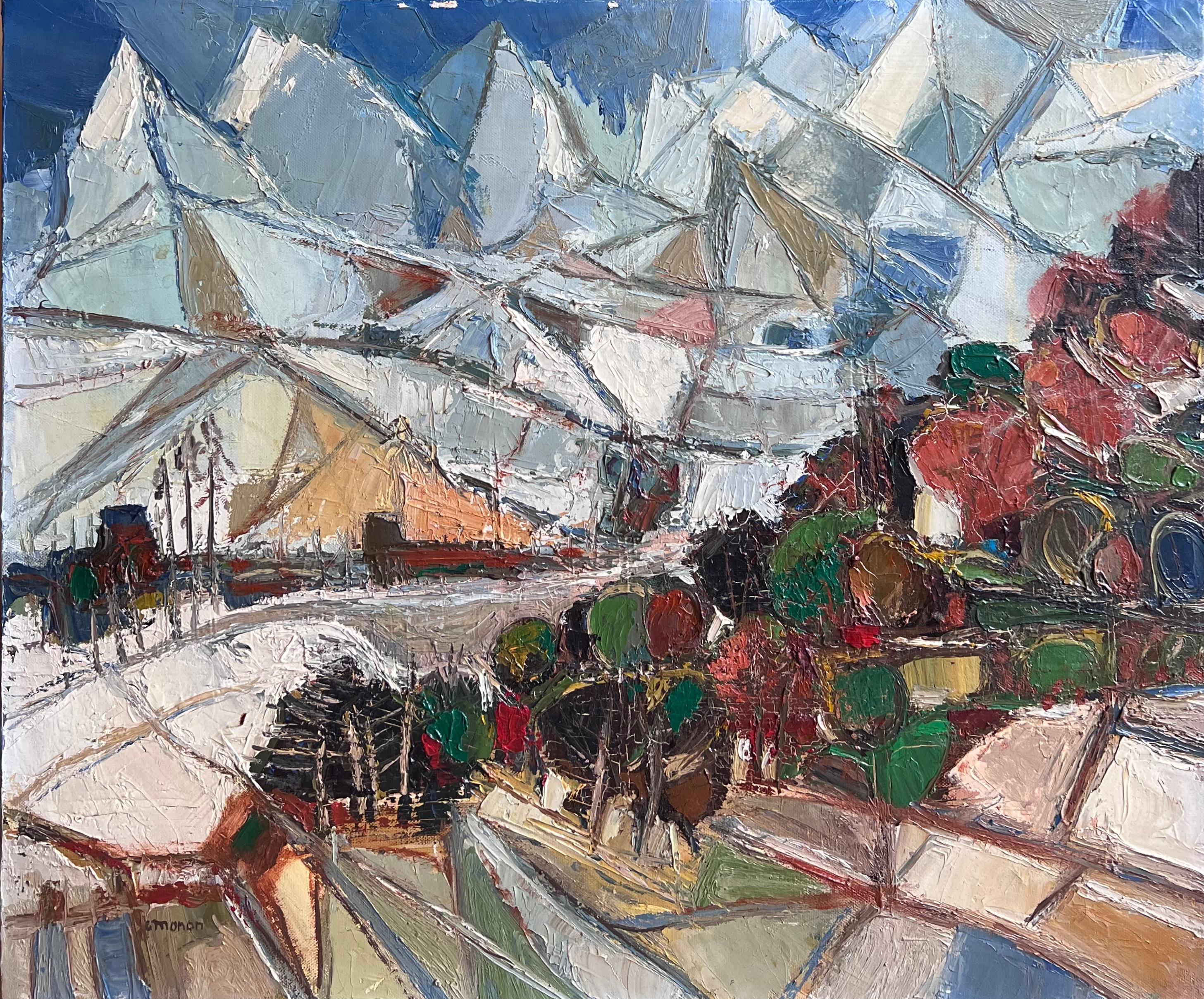 Französische kubistische Moderne der 1970er Jahre, signiertes Ölgemälde Berge in Landschaft, Landschaft (Grau), Landscape Painting, von French School