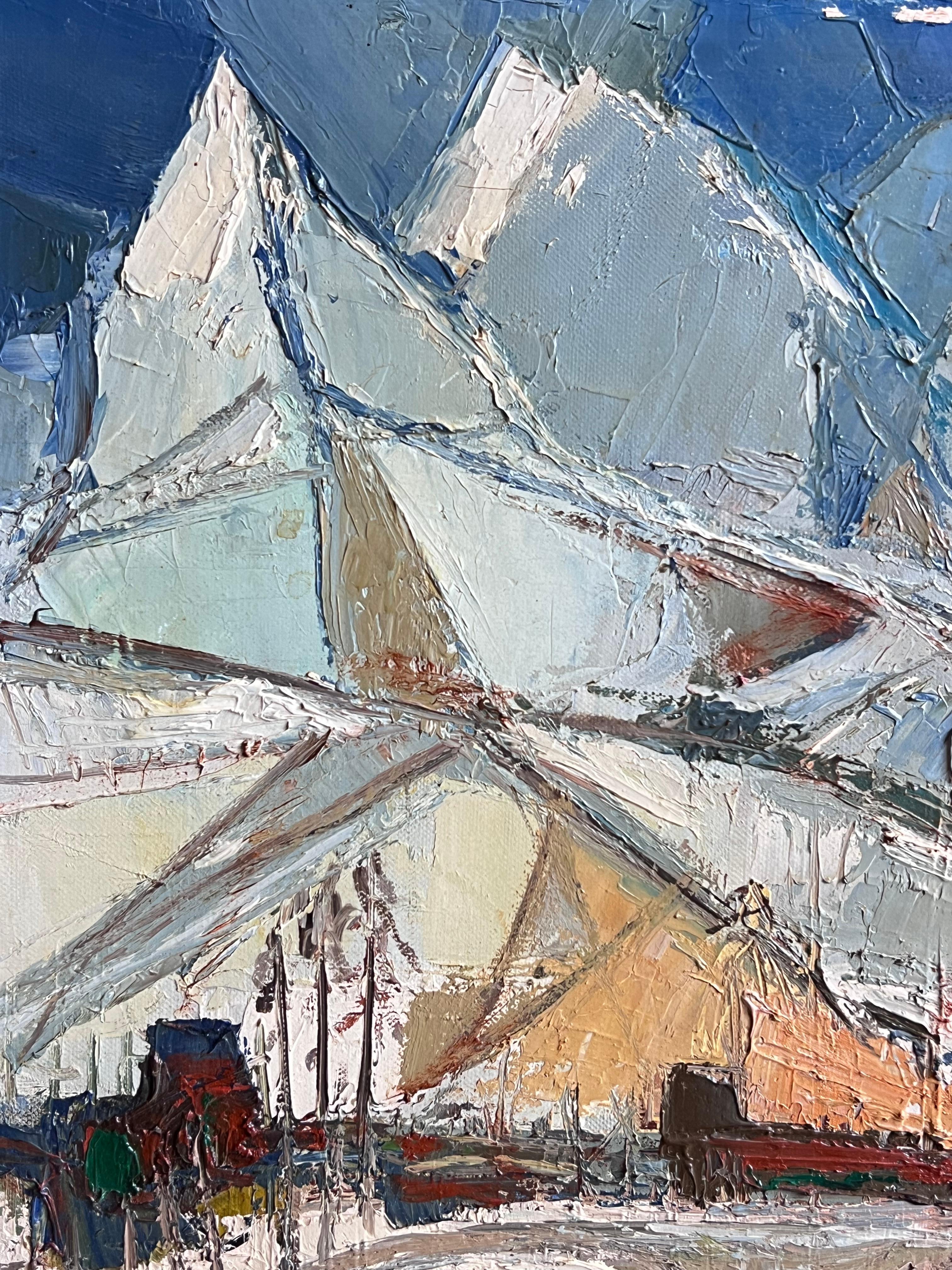Französische kubistische Moderne der 1970er Jahre, signiertes Ölgemälde Berge in Landschaft, Landschaft im Angebot 4