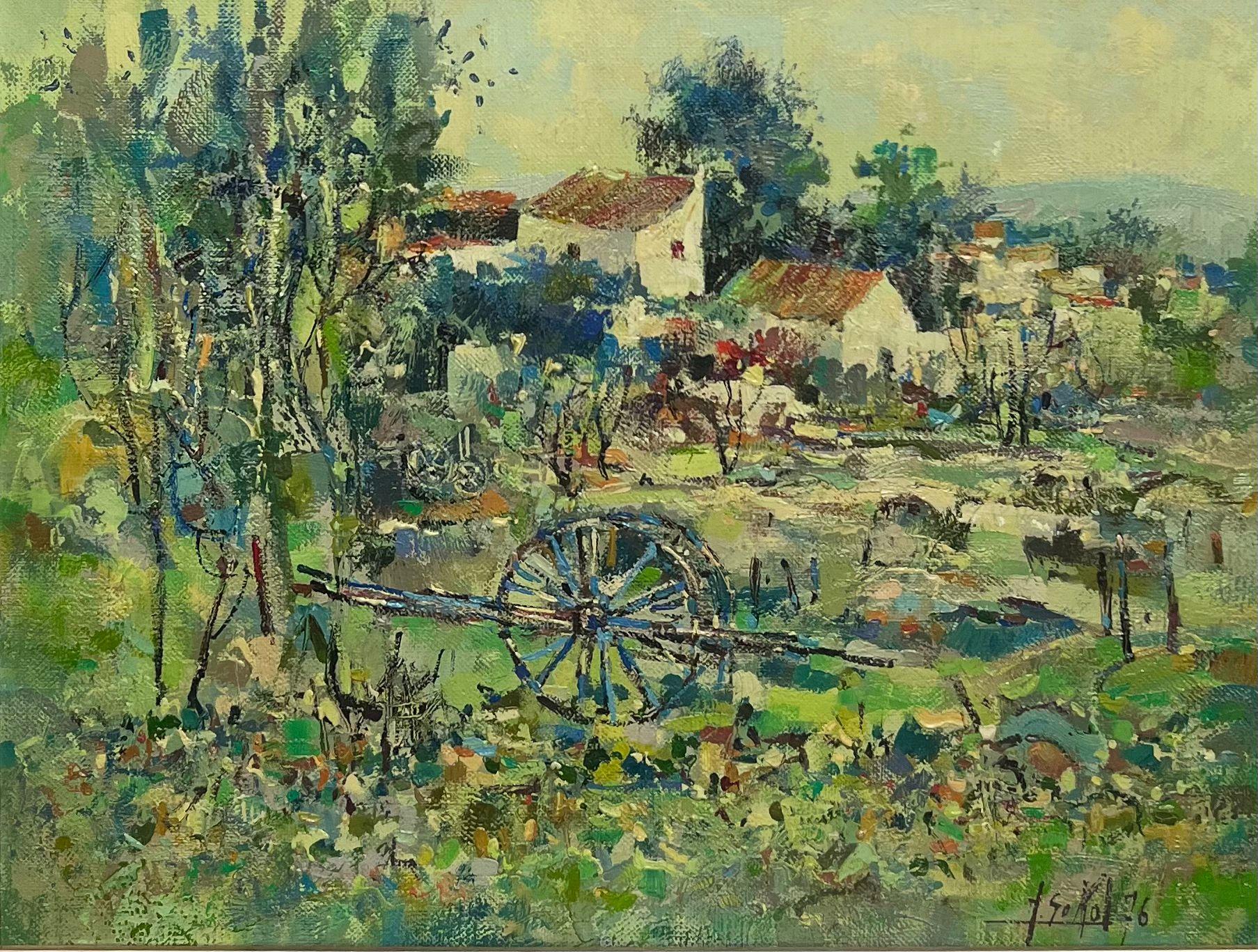 1970's Impresionista francés Viejo carro de caballos en campos de labranza Firmado y enmarcado - Painting de Jacques Sokol
