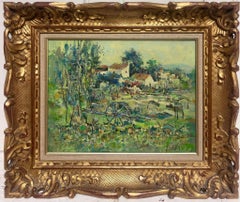1970's French Impressionist Old Horse Cart in Farm Fields Signed & Framed