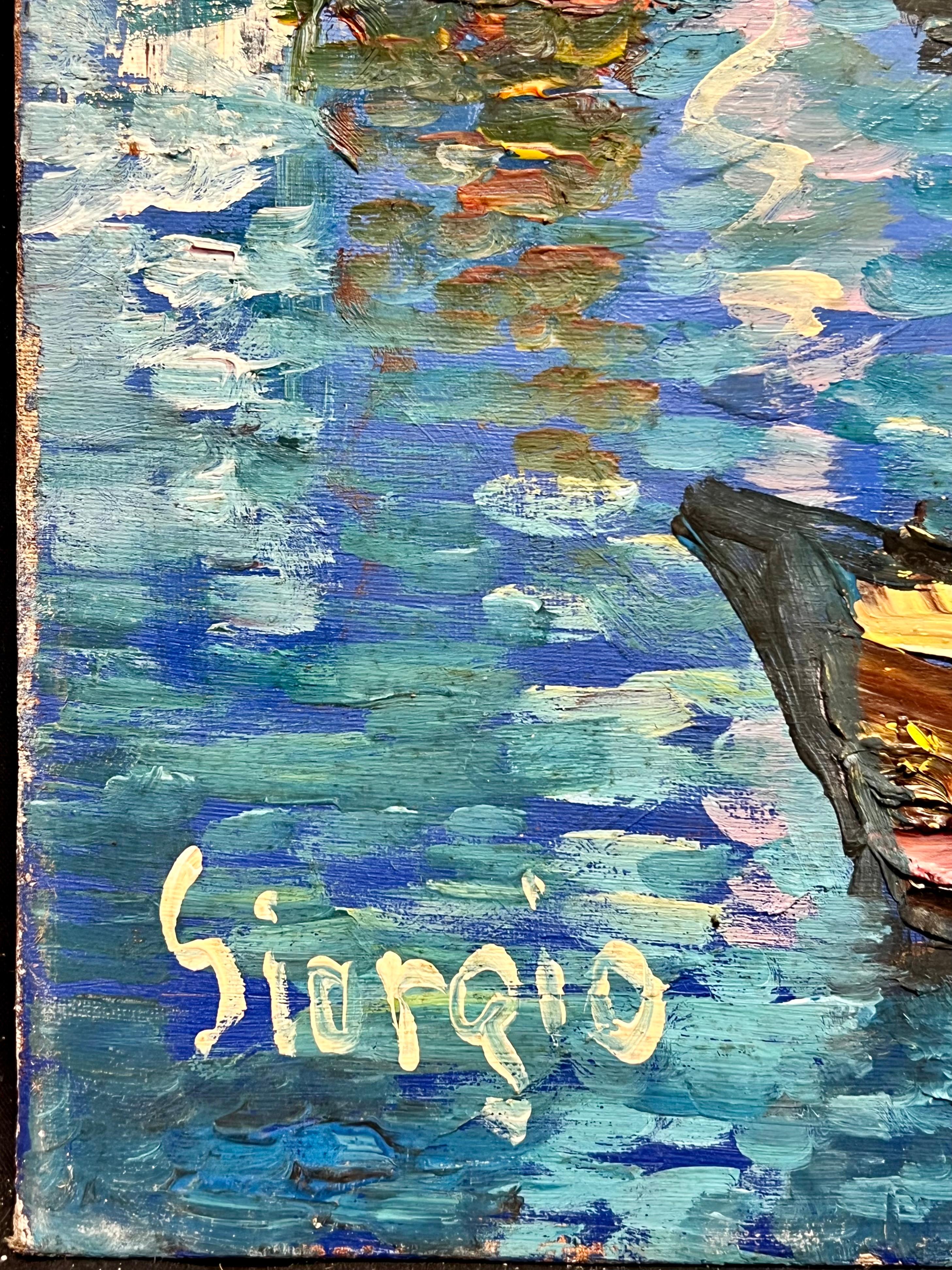 Scène de port méditerranéen français des années 1970 Village côtier vibrant Bateaux Figures en vente 6