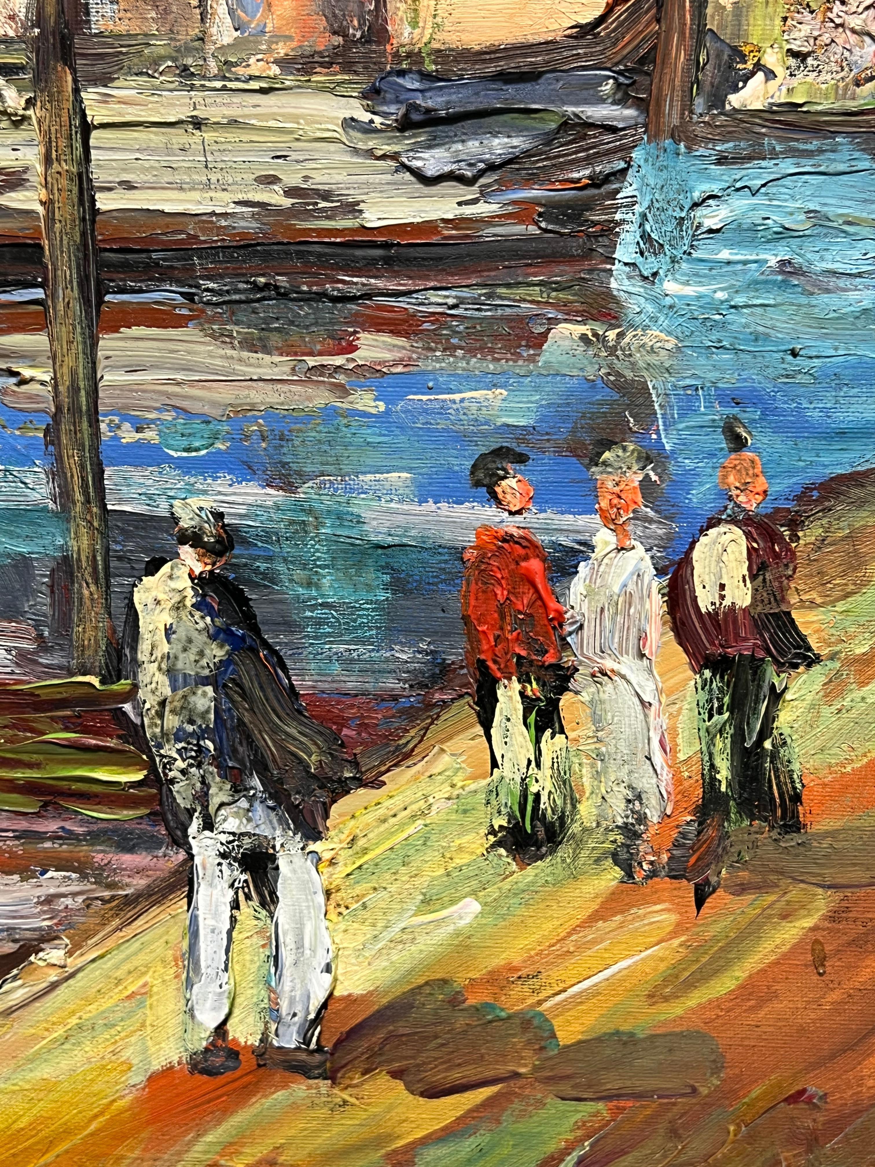 Scène de port méditerranéen français des années 1970 Village côtier vibrant Bateaux Figures en vente 7