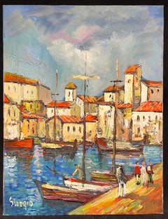 1970's French Mediterranean Harbor Scene Vibrant Coastal Village Boats Figures