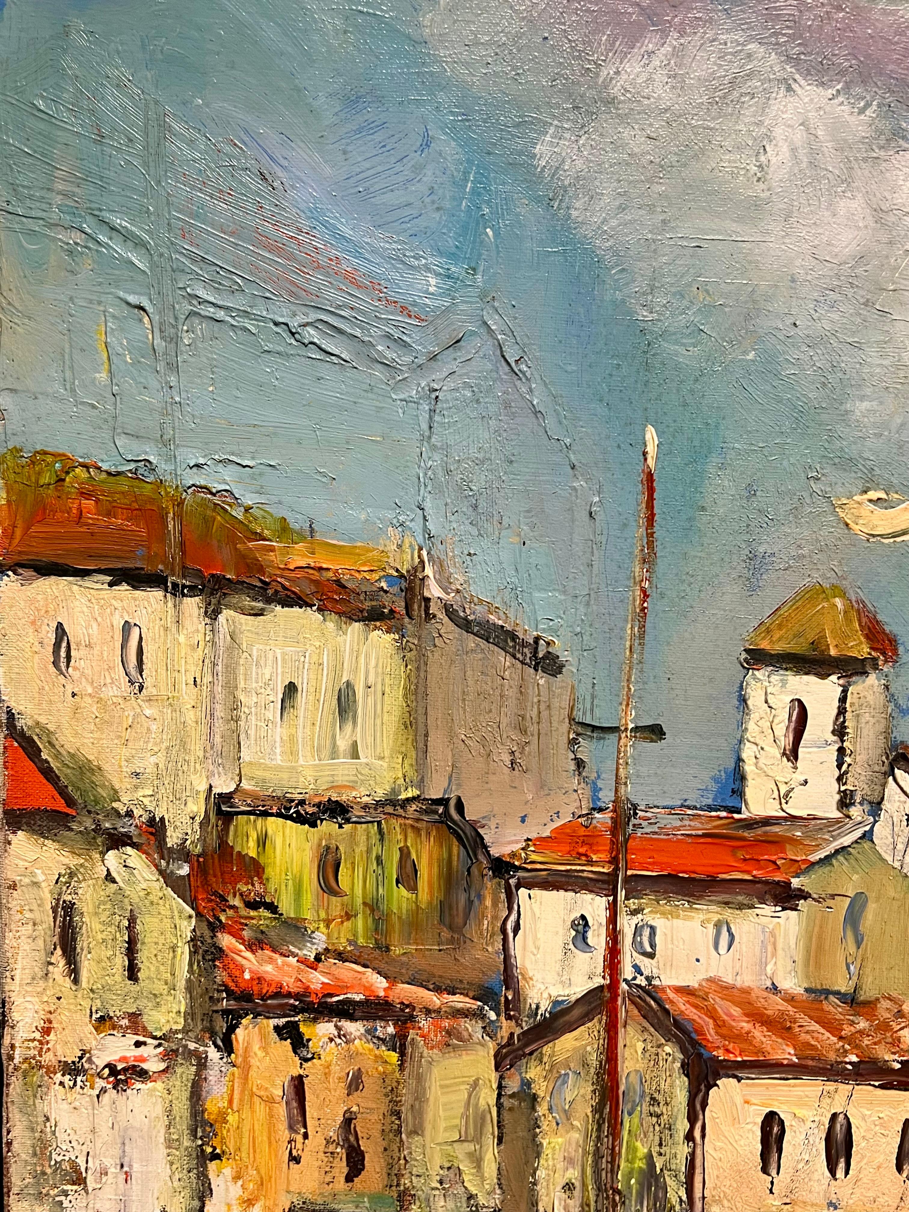 Scène de port méditerranéen français des années 1970 Village côtier vibrant Bateaux Figures - Marron Figurative Painting par French School