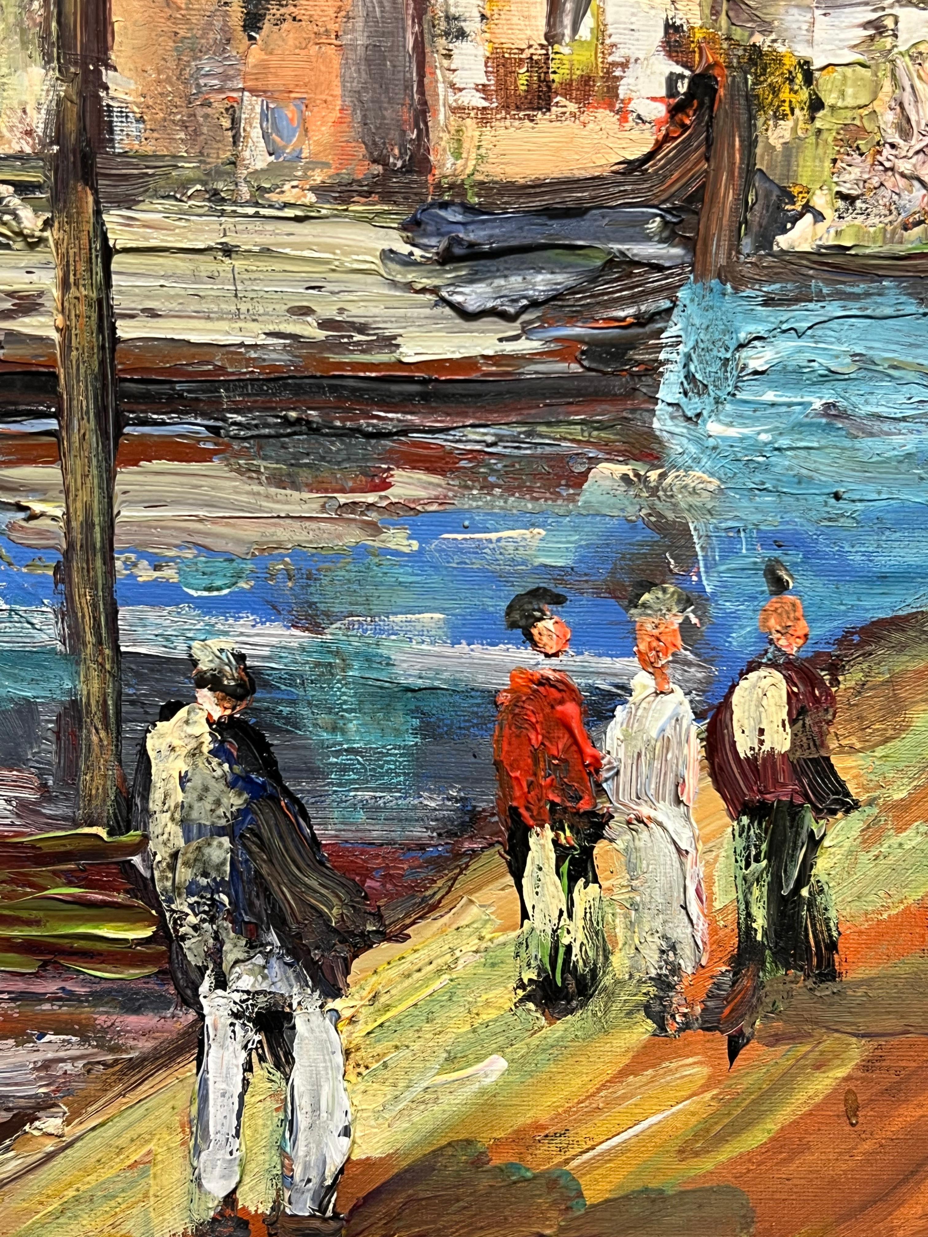 Scène de port méditerranéen français des années 1970 Village côtier vibrant Bateaux Figures en vente 2