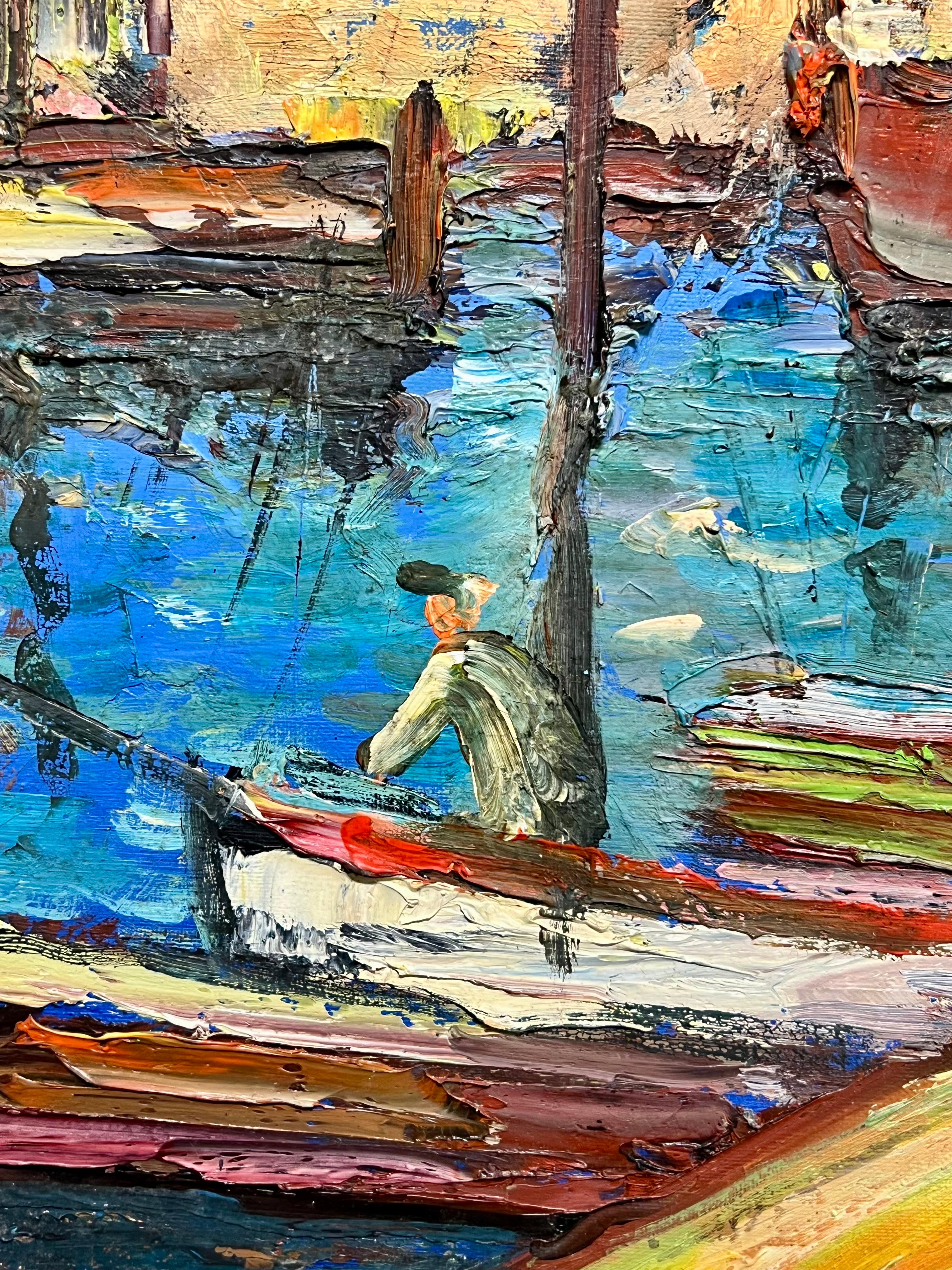 Scène de port méditerranéen français des années 1970 Village côtier vibrant Bateaux Figures en vente 4