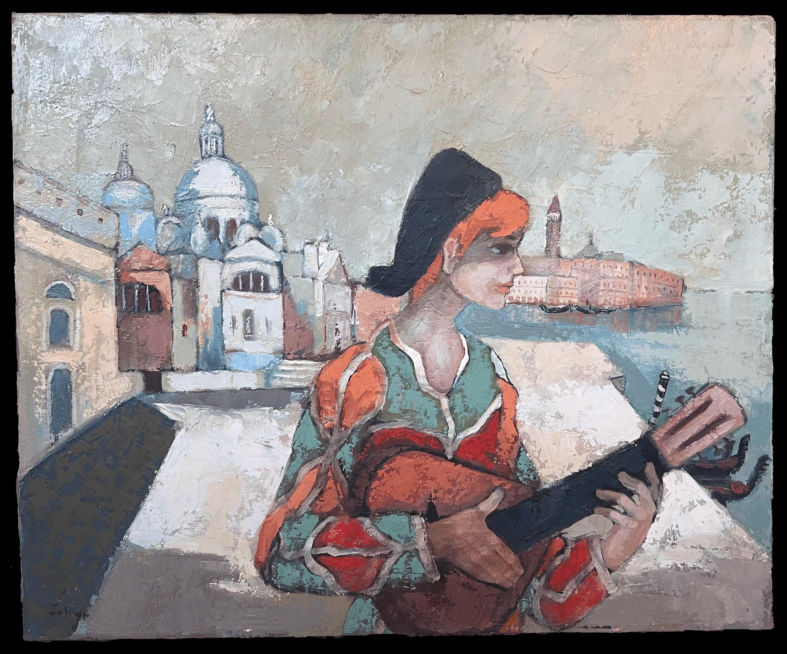 Huile moderniste française des années 1970 signée Musicien Grand Canal Venise - Painting de French School