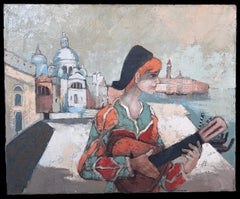 1970's French Modernist Signed Oil Musician Grand Canal Venice