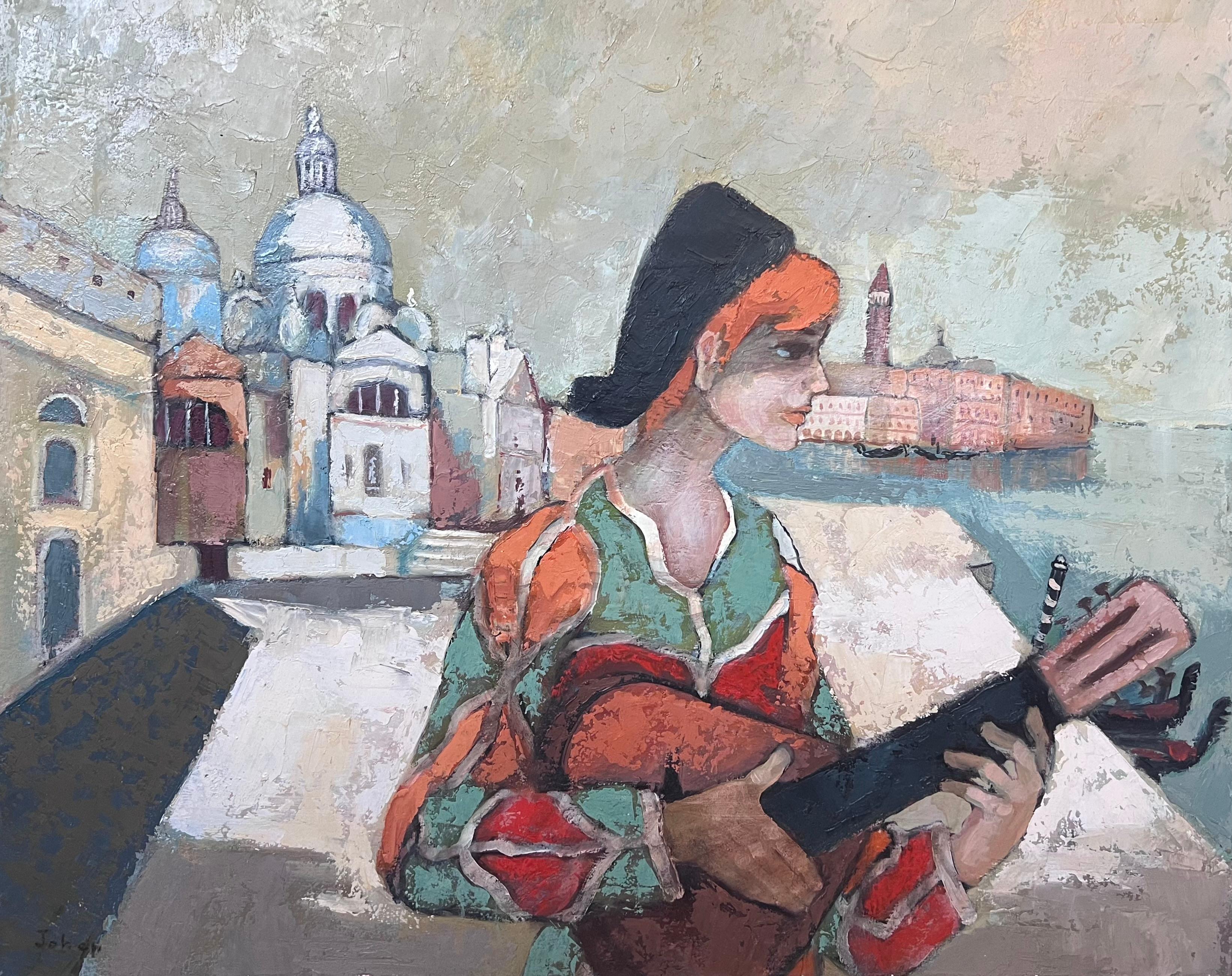 Huile moderniste française des années 1970 signée Musicien Grand Canal Venise - Moderne Painting par French School