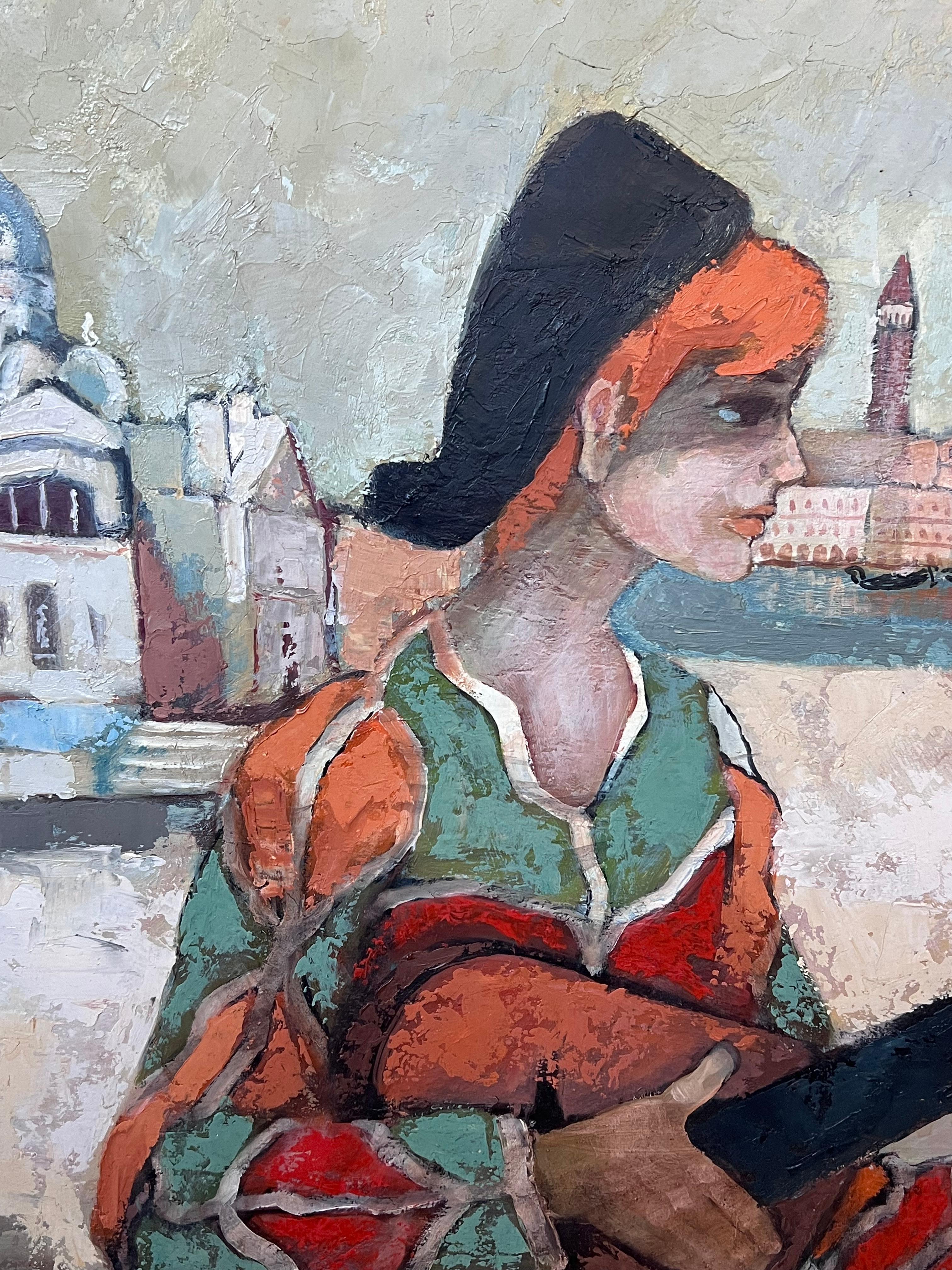 Huile moderniste française des années 1970 signée Musicien Grand Canal Venise - Gris Figurative Painting par French School