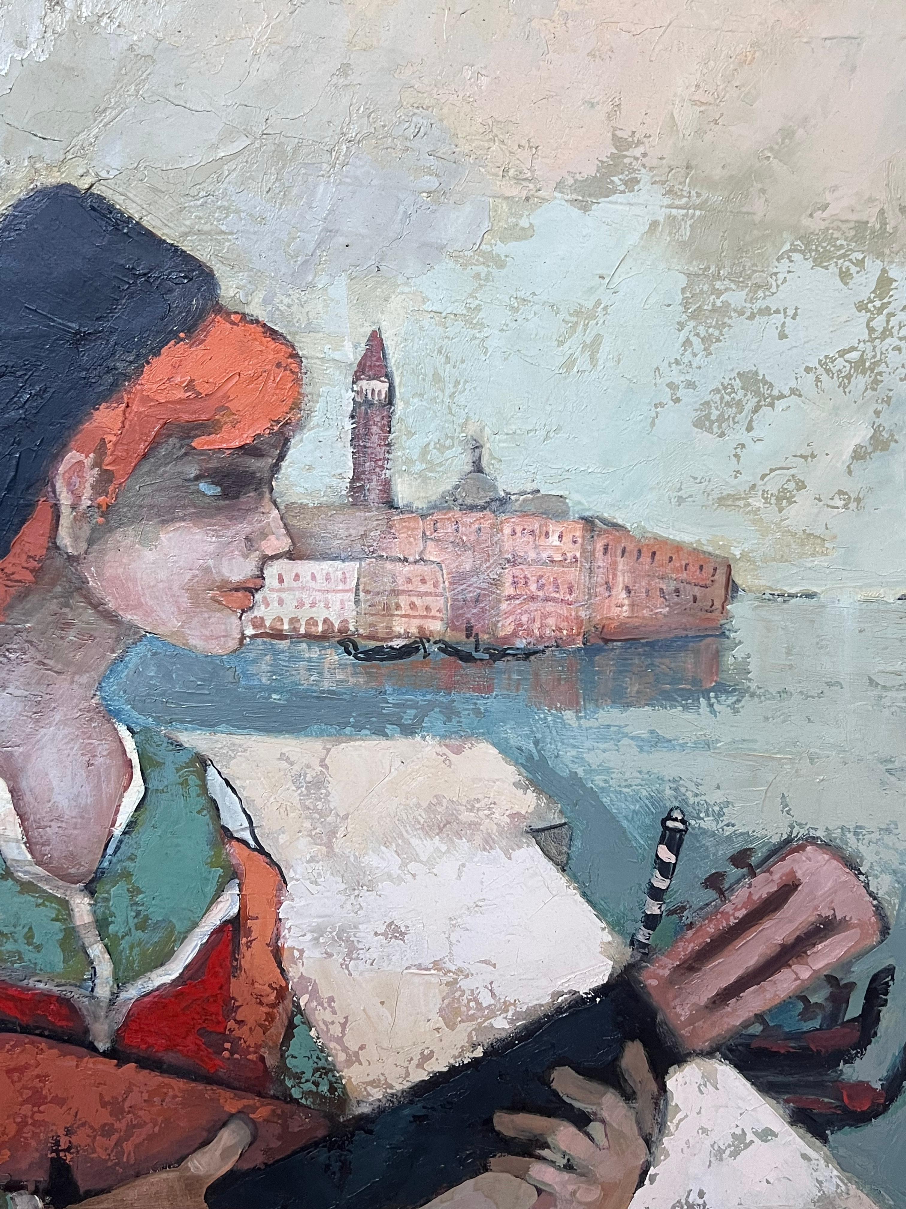 Huile moderniste française des années 1970 signée Musicien Grand Canal Venise en vente 1