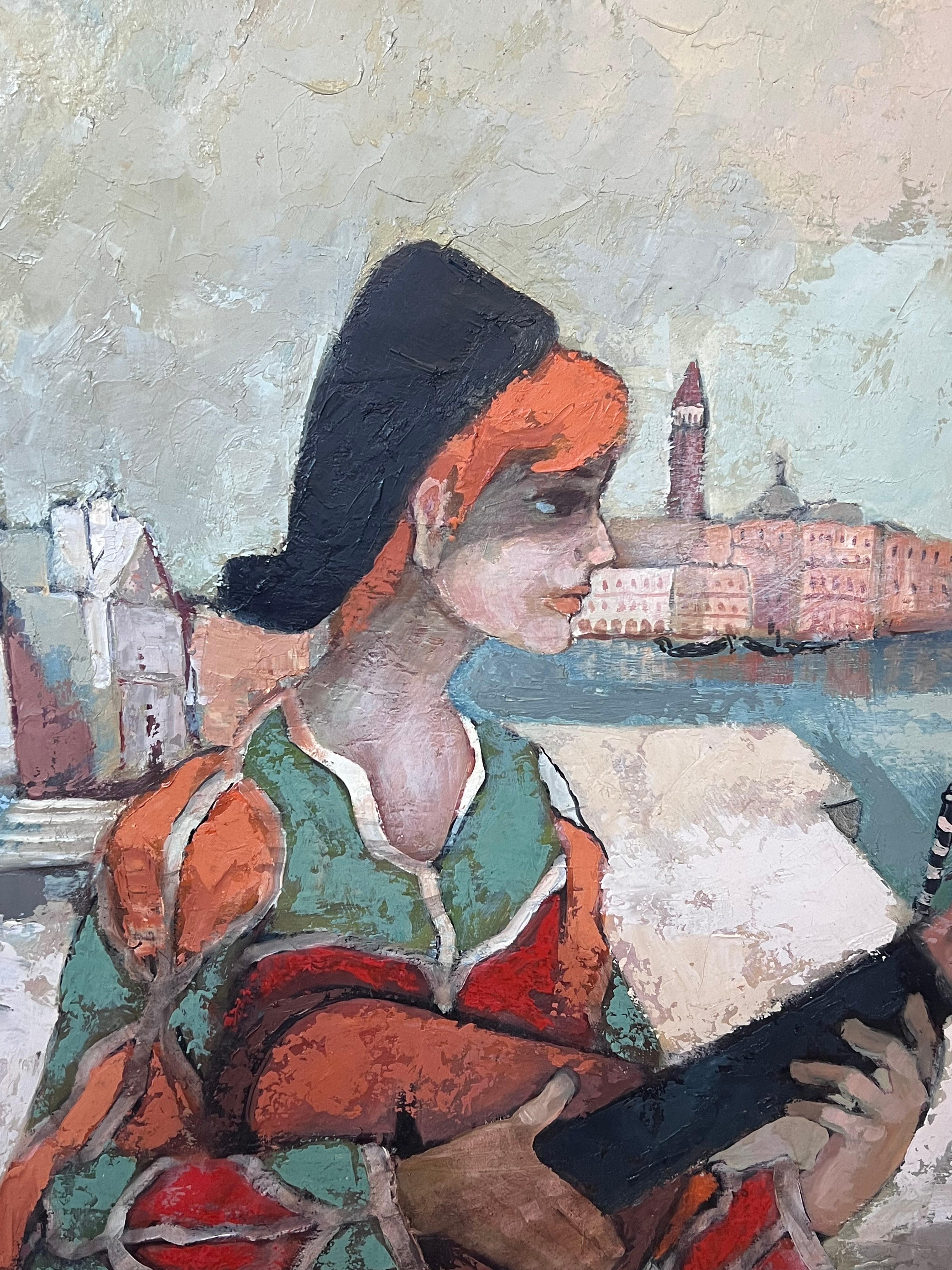Huile moderniste française des années 1970 signée Musicien Grand Canal Venise en vente 2