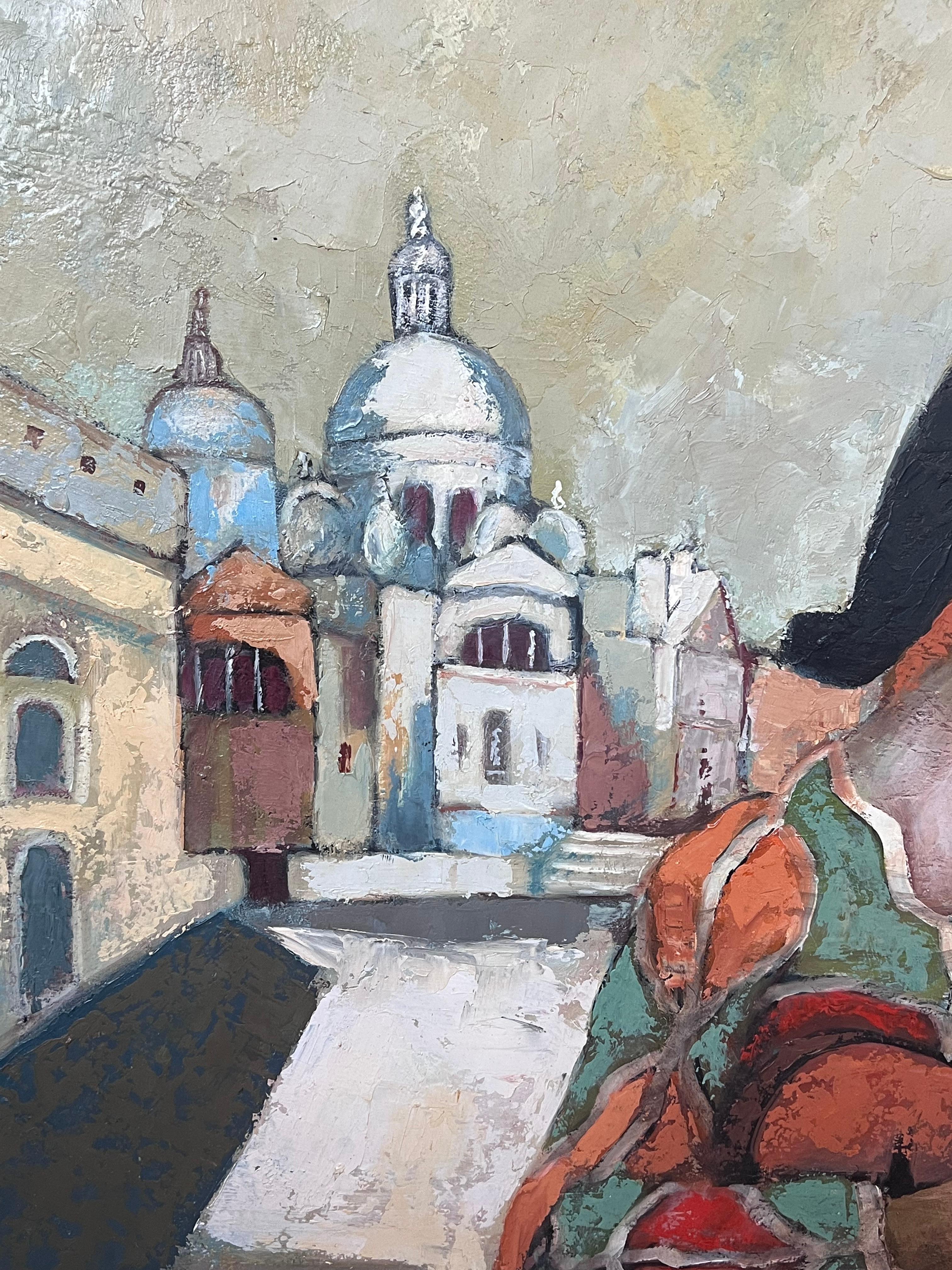 Huile moderniste française des années 1970 signée Musicien Grand Canal Venise en vente 3