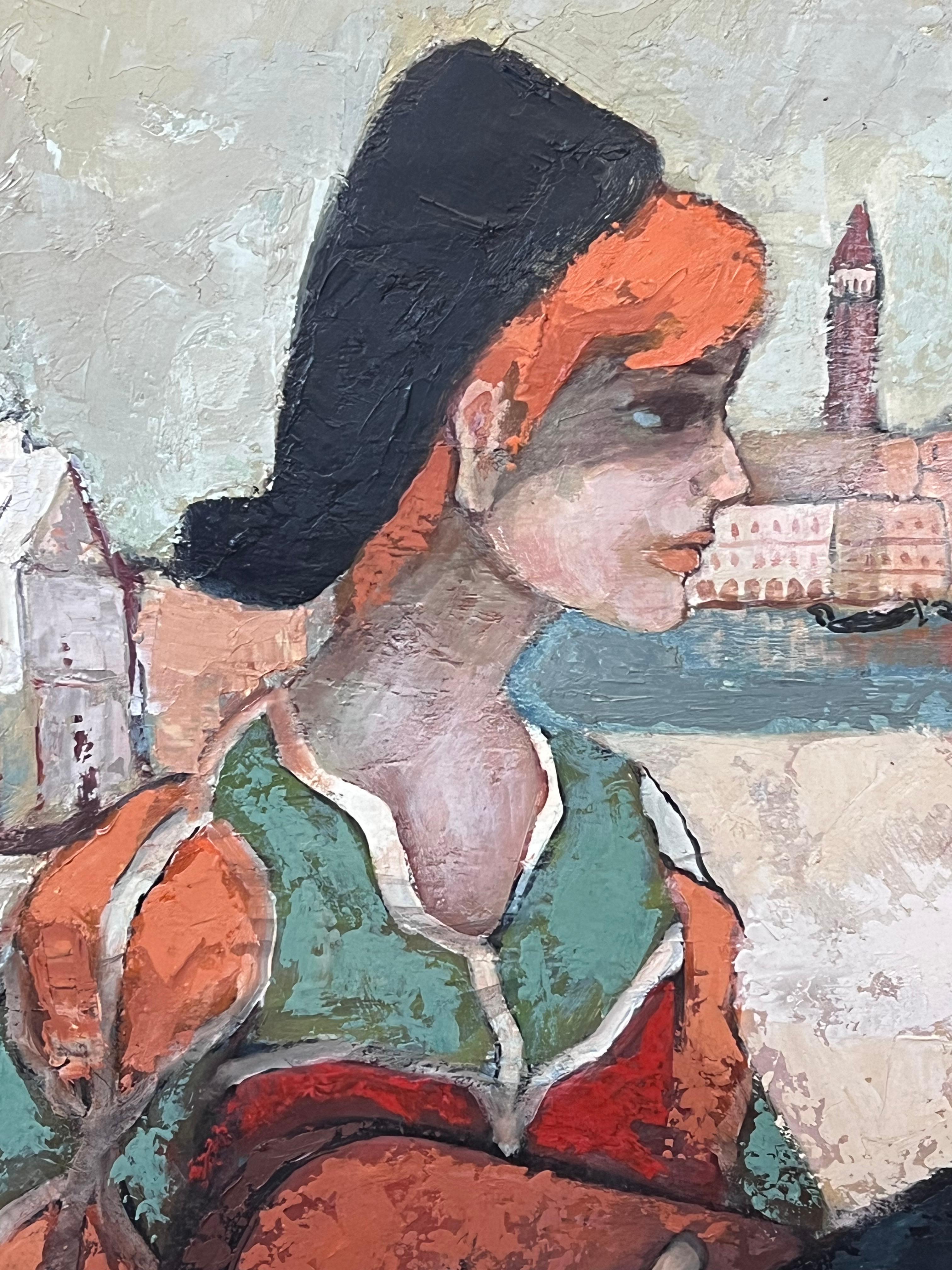 Huile moderniste française des années 1970 signée Musicien Grand Canal Venise en vente 4