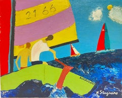 1970's French Modernist Signed Oil Sailing Boat at Sea Bright Colours