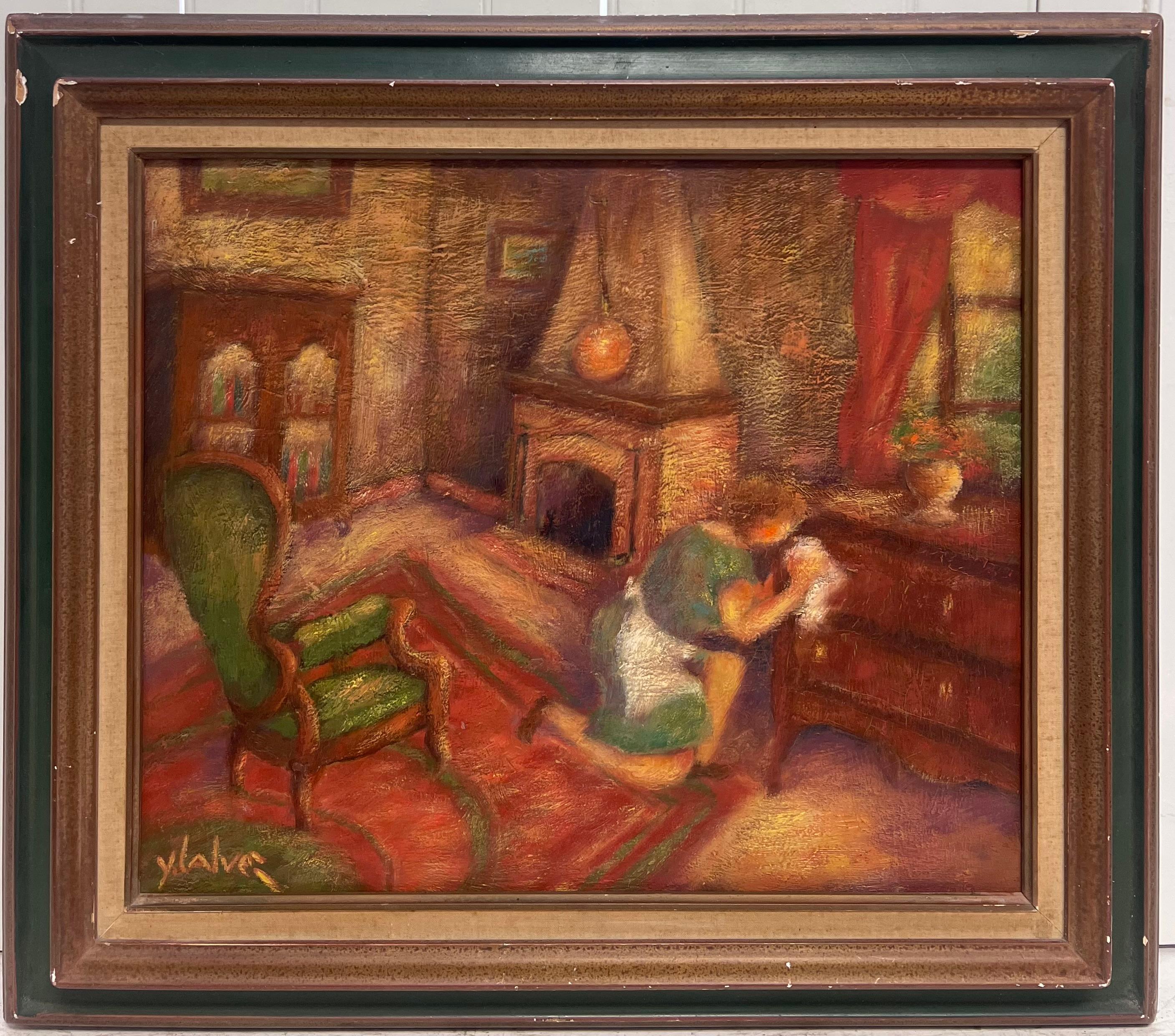 1970's Óleo Modernista Francés Firmado Mujer en Salón Interior Limpiando Muebles - Painting de French School
