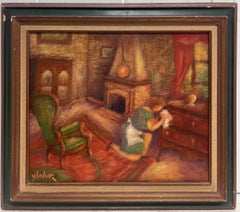 1970's French Modernist Signed Oil Woman in Parlor Interior Cleaning Furniture