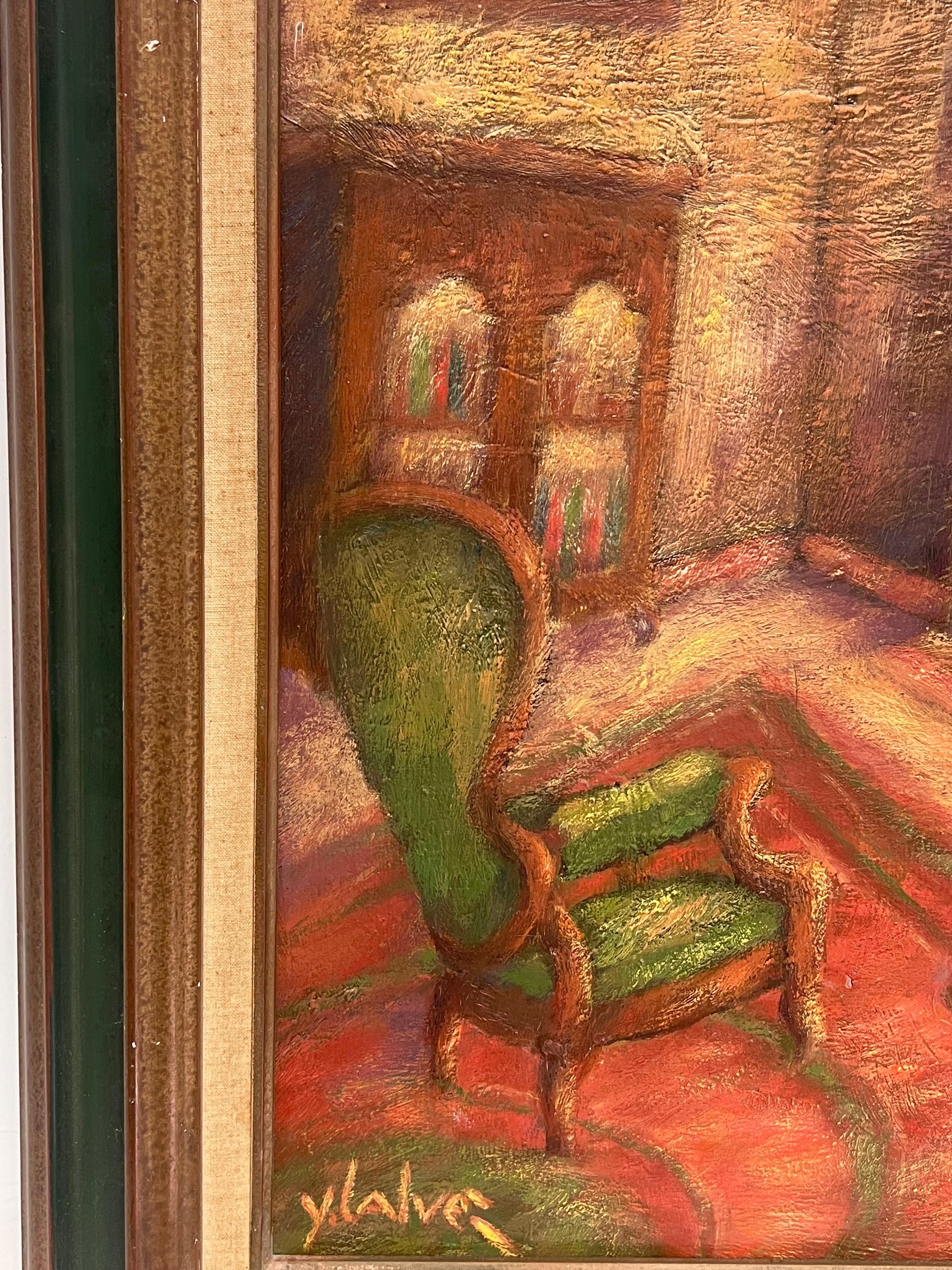 1970's Óleo Modernista Francés Firmado Mujer en Salón Interior Limpiando Muebles - Painting Posimpresionista de French School