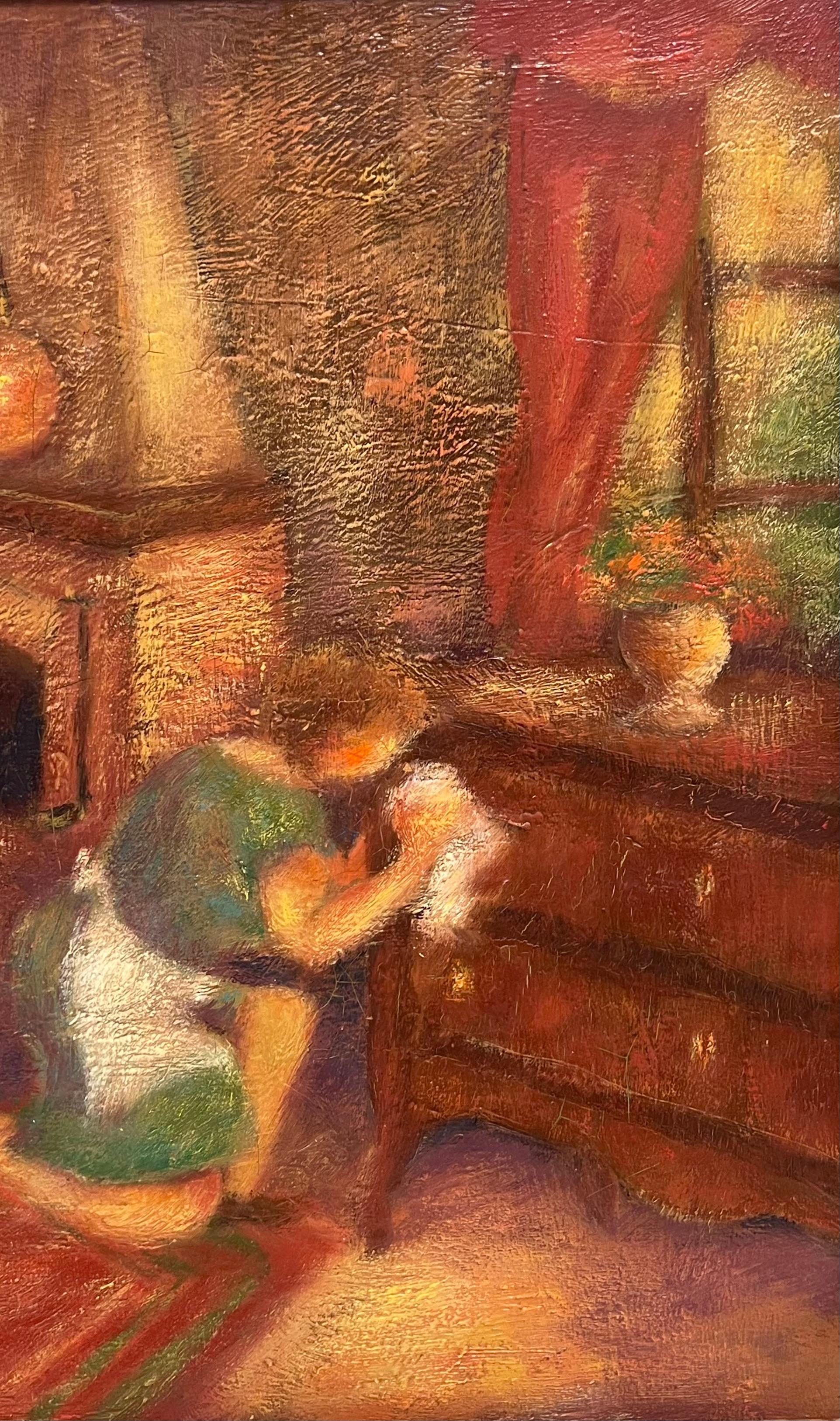1970's Óleo Modernista Francés Firmado Mujer en Salón Interior Limpiando Muebles en venta 1
