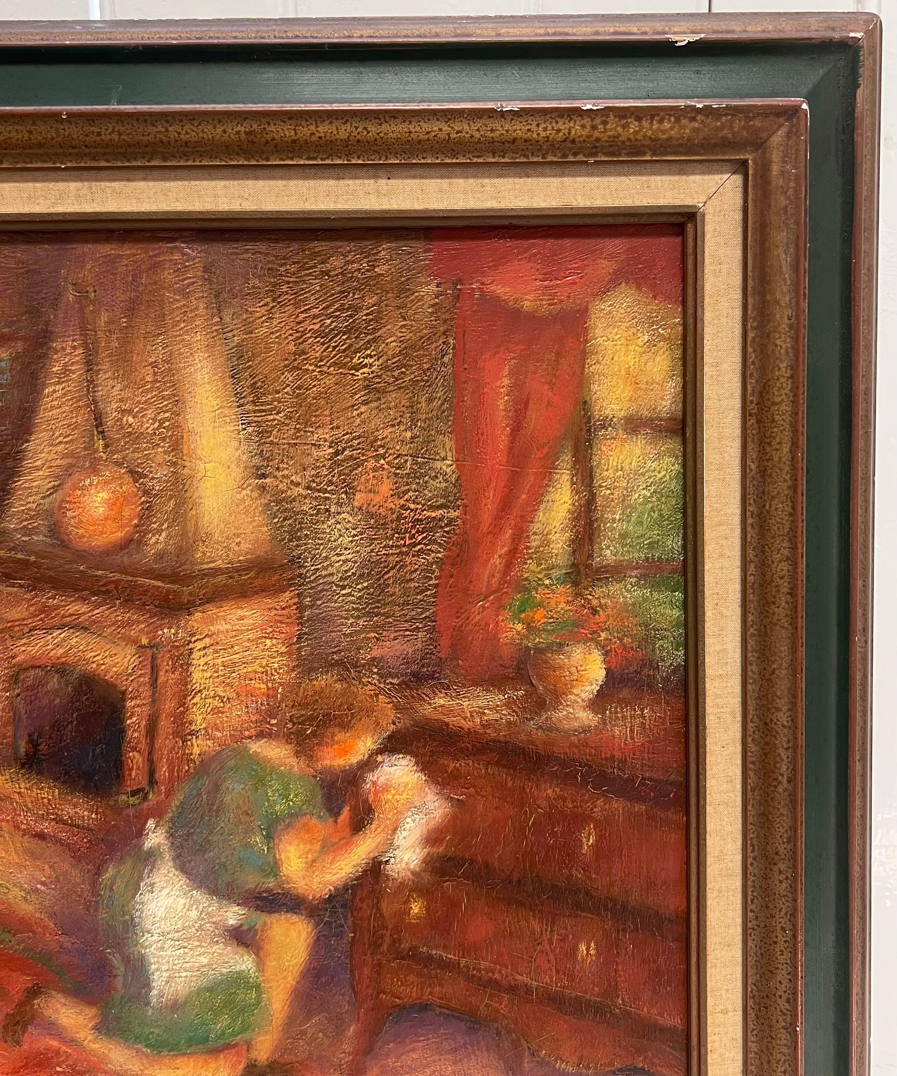 1970's Óleo Modernista Francés Firmado Mujer en Salón Interior Limpiando Muebles en venta 2