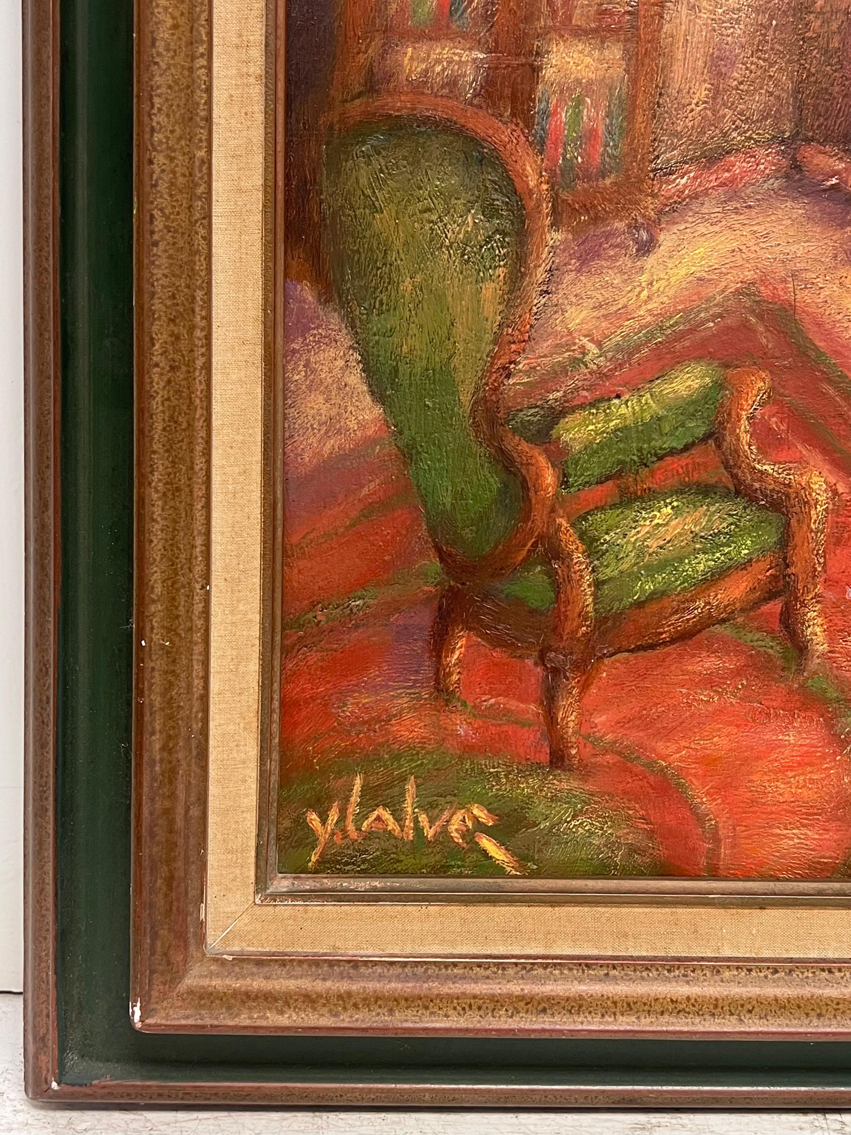 1970's Óleo Modernista Francés Firmado Mujer en Salón Interior Limpiando Muebles en venta 4