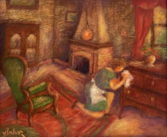 1970's French Modernist Signed Oil Woman in Parlor Interior Cleaning Furniture