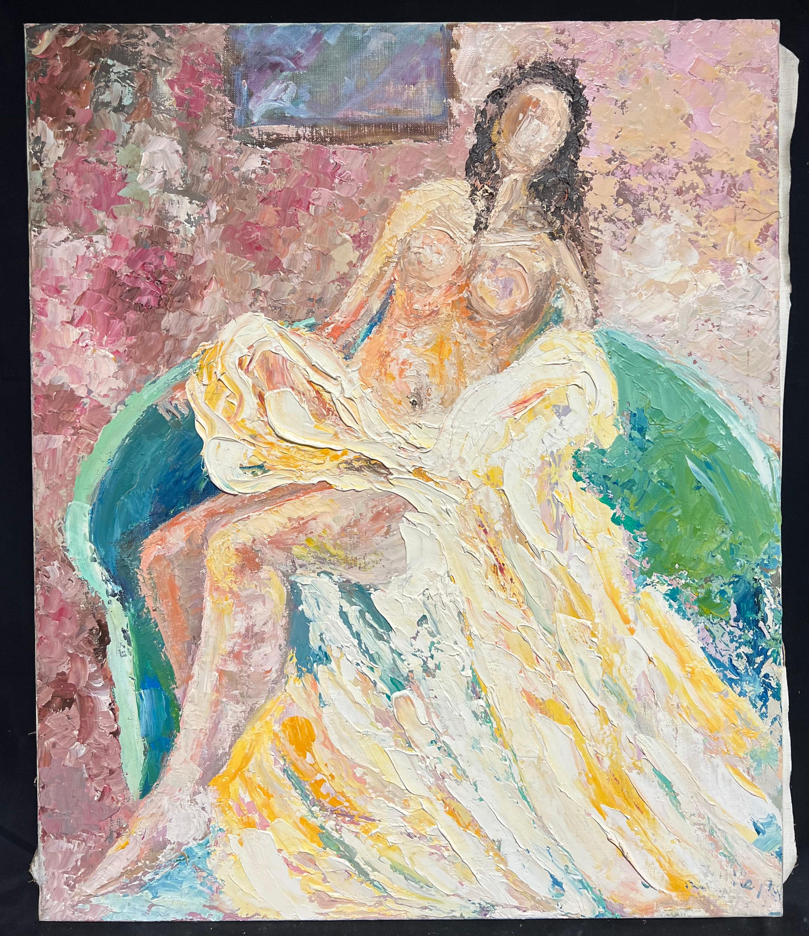 Pintura al óleo postimpresionista francesa de 1970 Desnudo recostado Impasto grueso - Painting de French School
