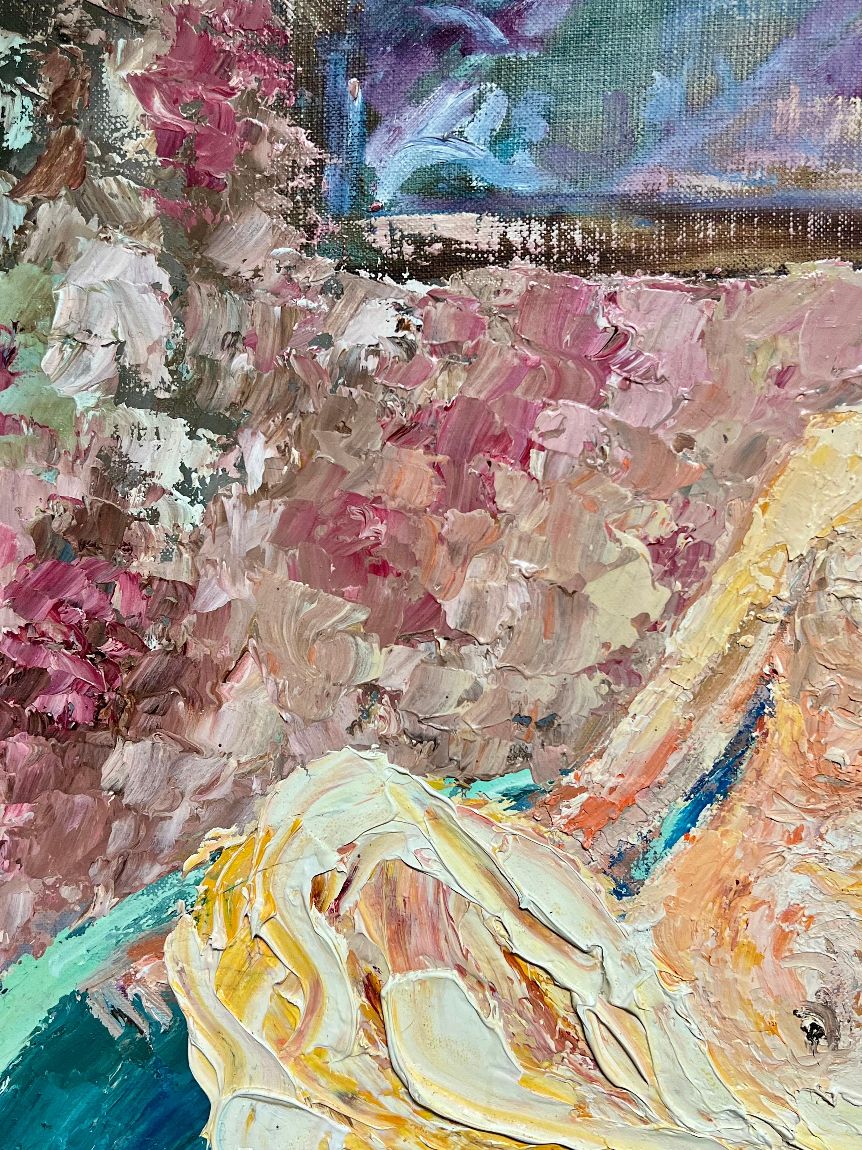 Pintura al óleo postimpresionista francesa de 1970 Desnudo recostado Impasto grueso - Painting Posimpresionista de French School