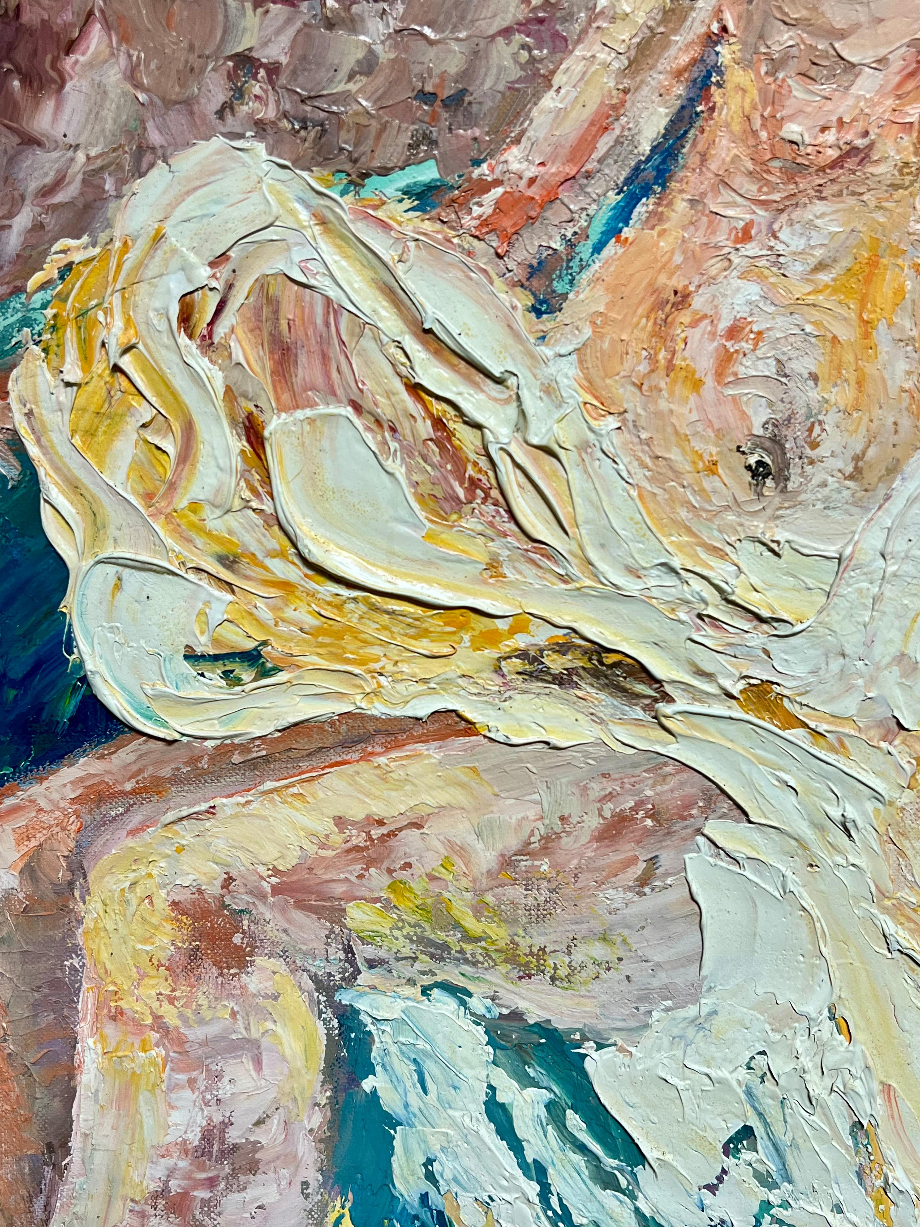 Pintura al óleo postimpresionista francesa de 1970 Desnudo recostado Impasto grueso - Abstract Painting Beige de French School