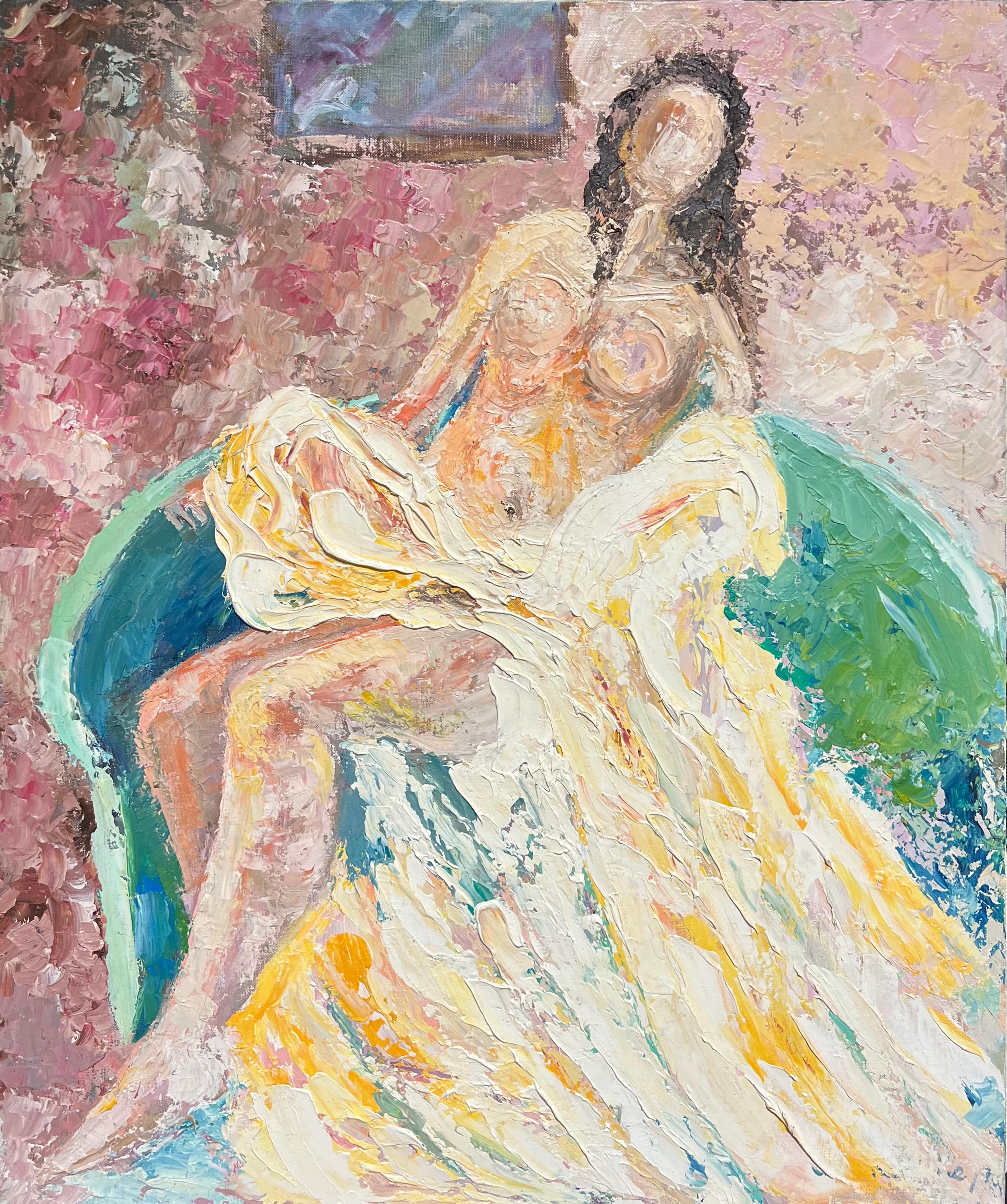 Pintura al óleo postimpresionista francesa de 1970 Desnudo recostado Impasto grueso