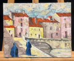 1970's French Town Scene with Figures on Old Stone Bridge Oil Painting