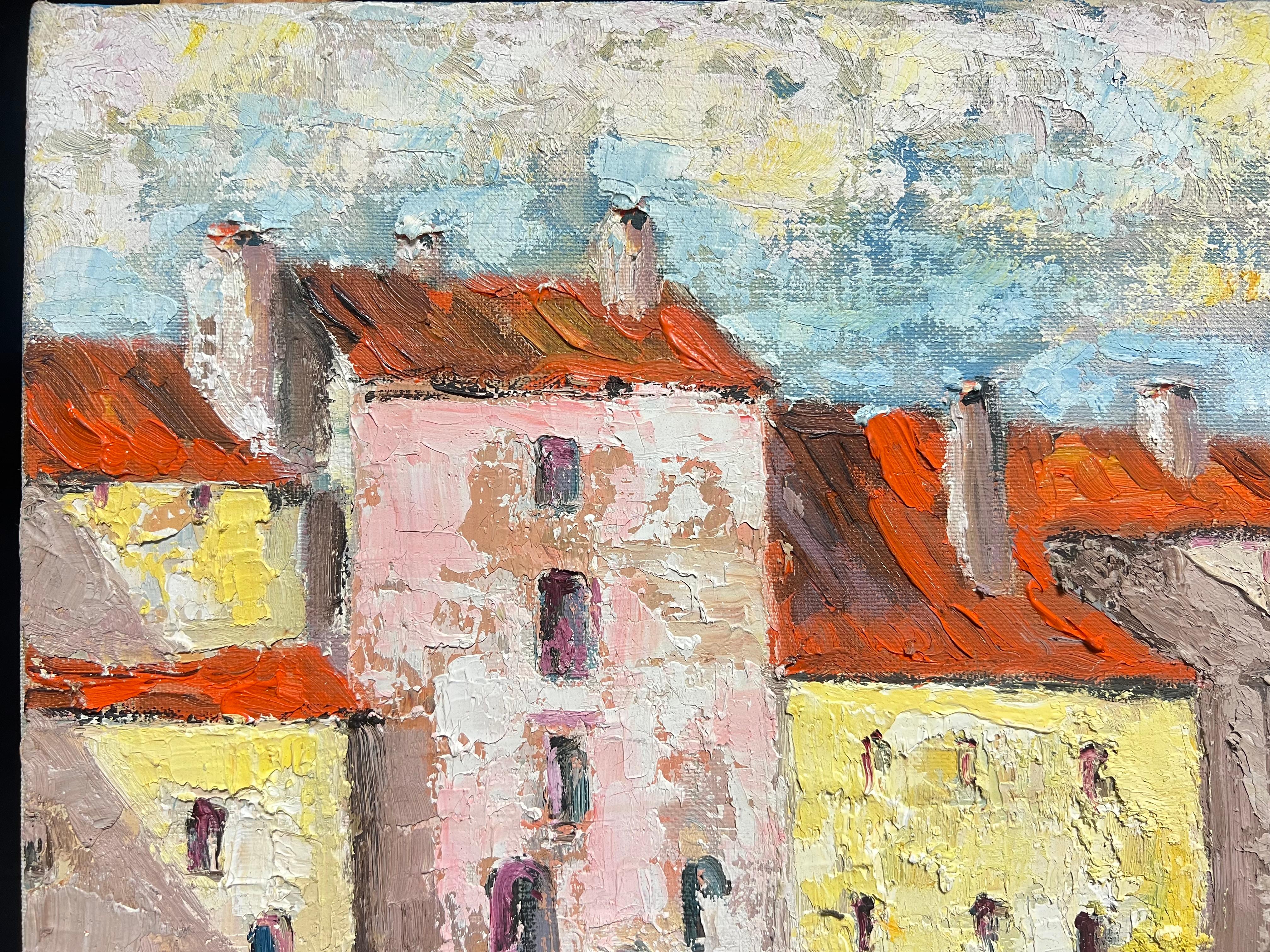 Pittura a olio anni '70 di Townes francese con figure su un vecchio ponte di pietra - Painting Impressionismo di French School