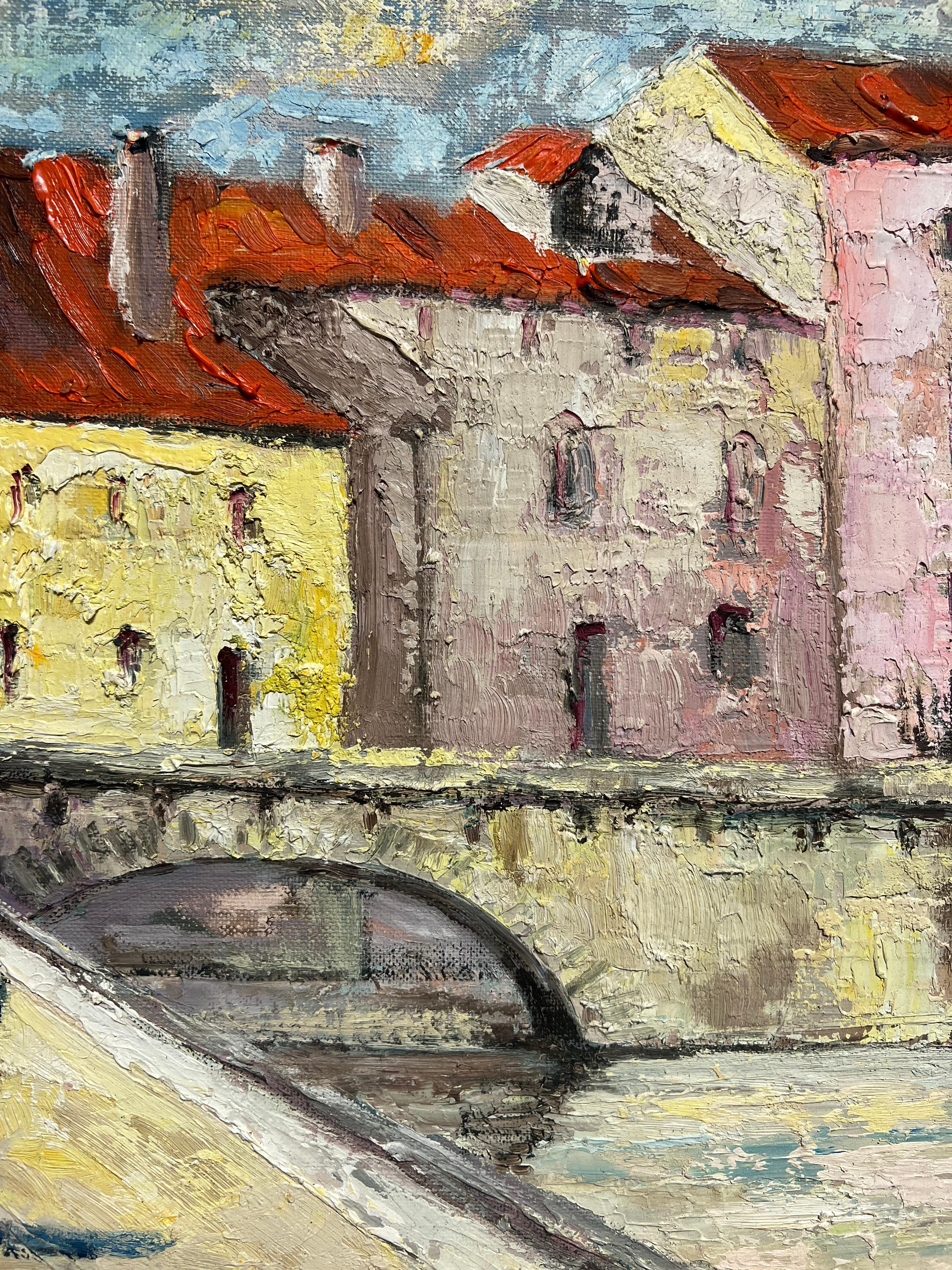 Pittura a olio anni '70 di Townes francese con figure su un vecchio ponte di pietra in vendita 2