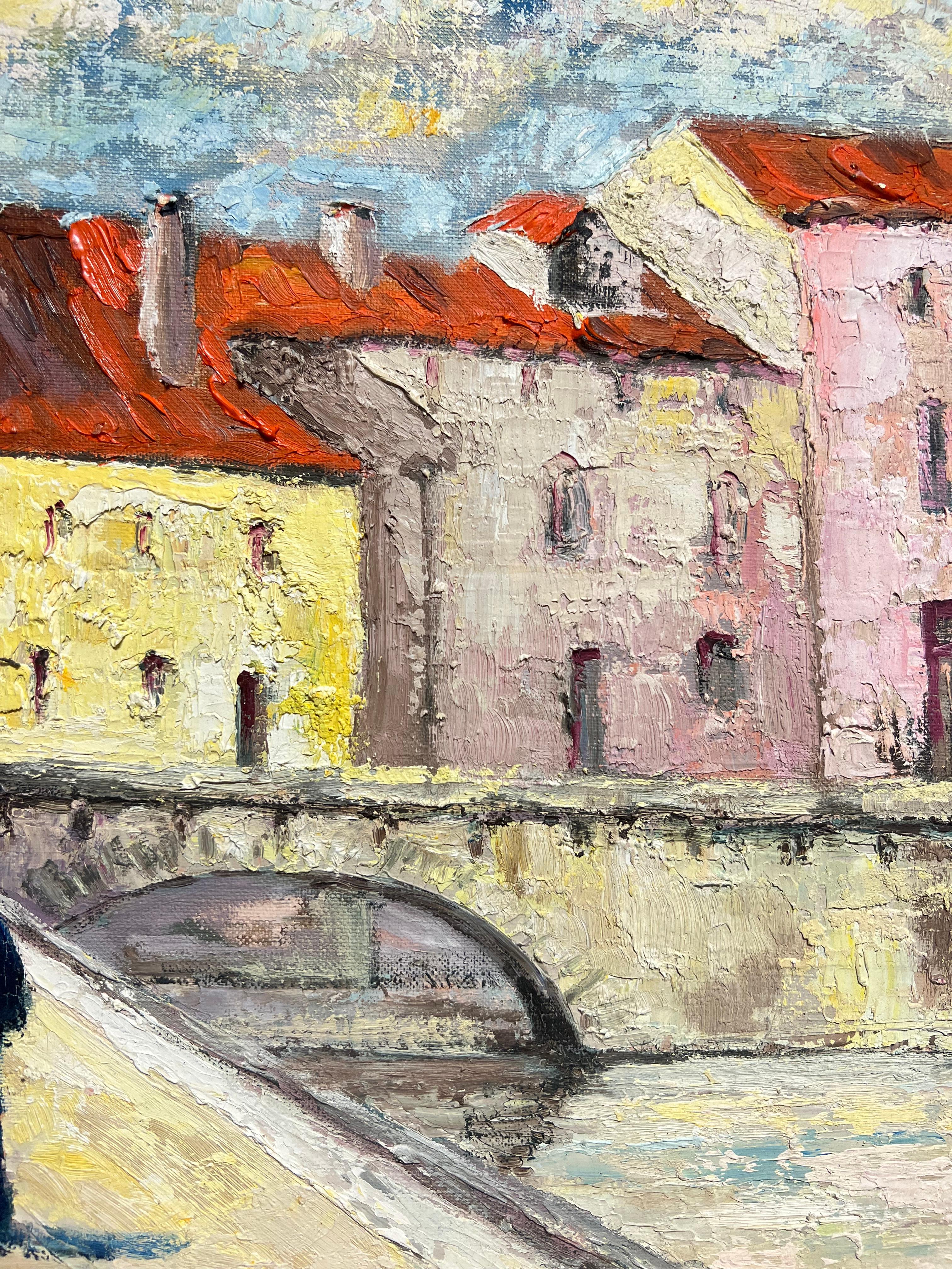 Pittura a olio anni '70 di Townes francese con figure su un vecchio ponte di pietra in vendita 3