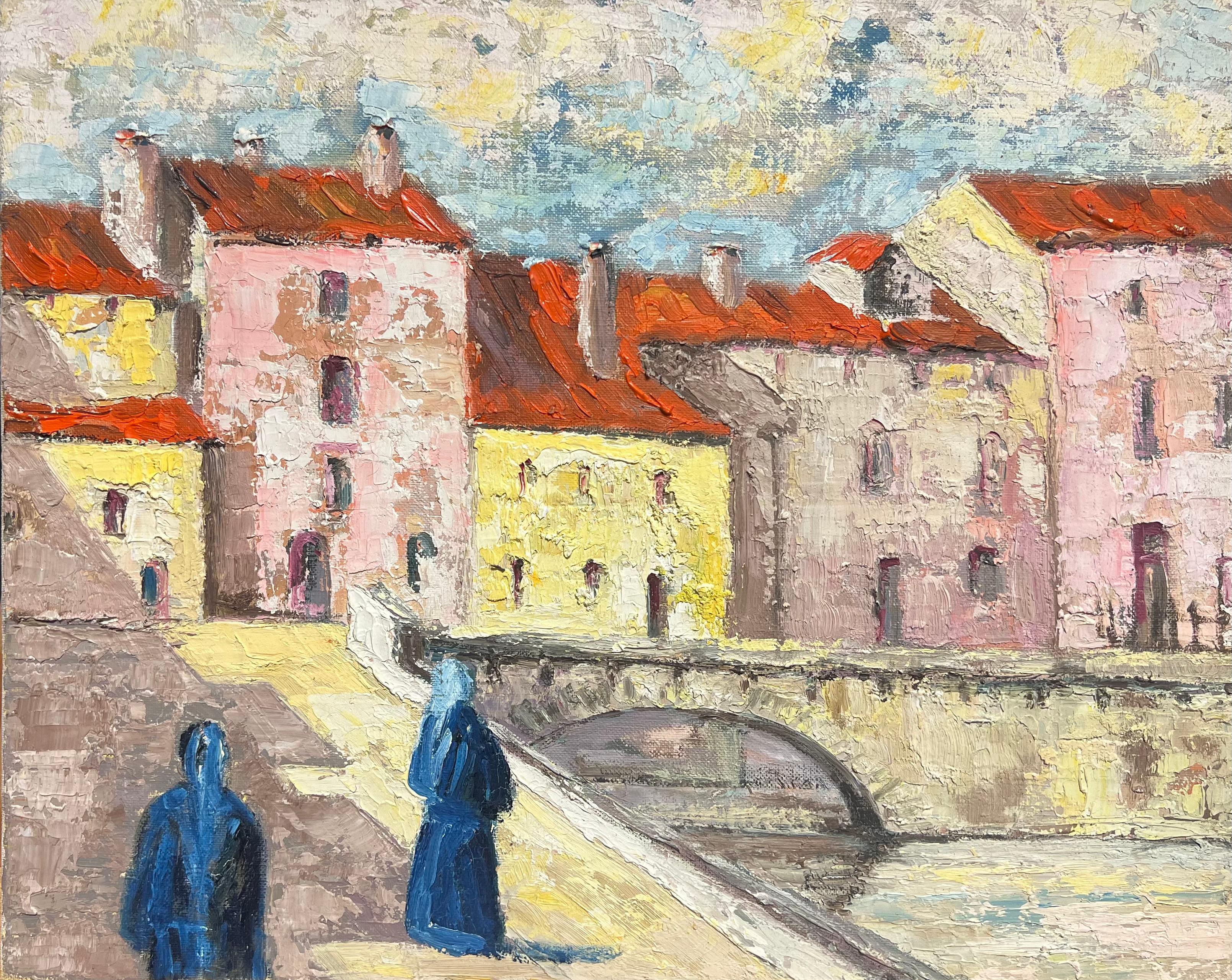 Landscape Painting di French School - Pittura a olio anni '70 di Townes francese con figure su un vecchio ponte di pietra