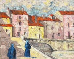 Peinture à l'huile des années 1970 représentant des personnages sur un vieux pont de pierre