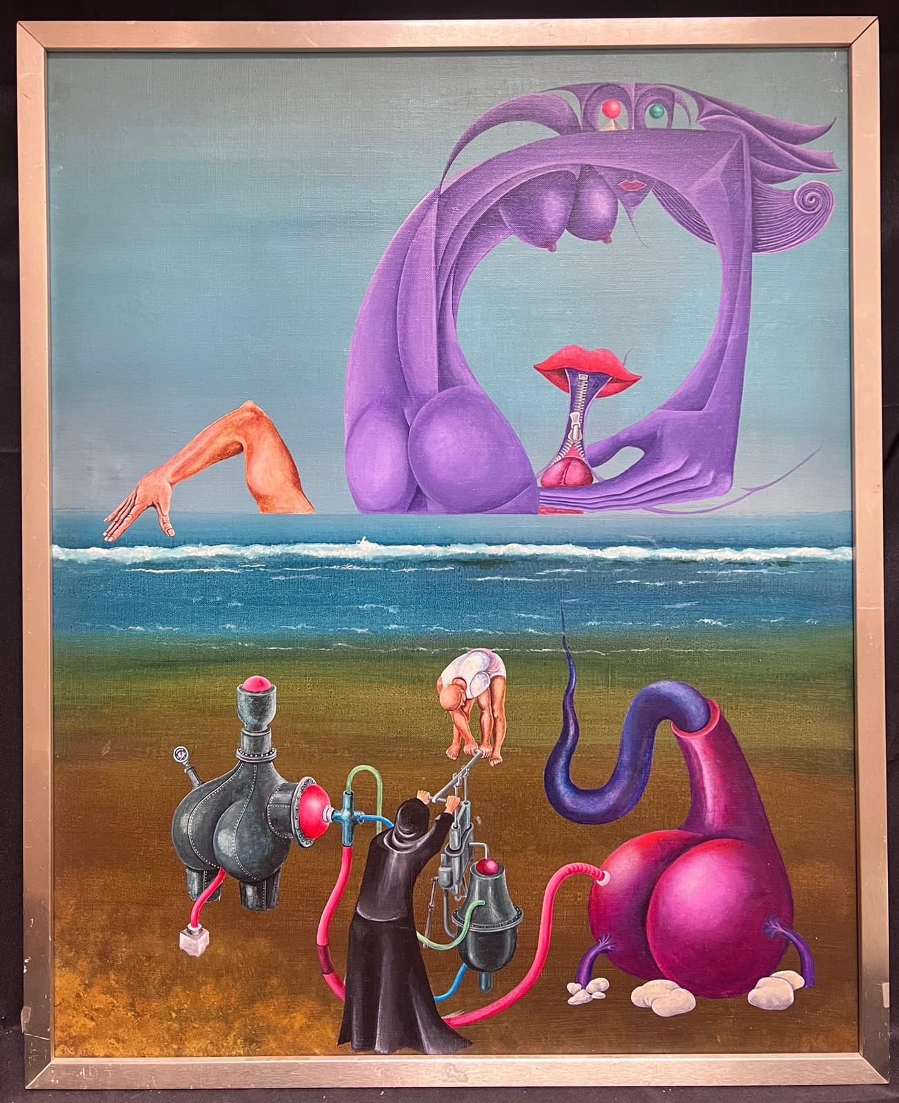 Grande dipinto a olio surrealista francese del 1970: Figure sulla spiaggia - Painting di French School