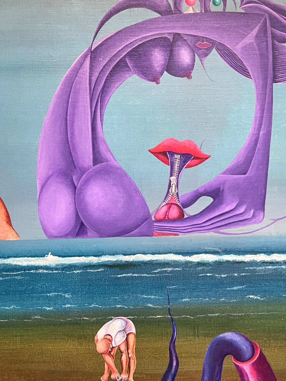 1970's Large French Surrealist Oil Painting Figures on the Beach For Sale 1