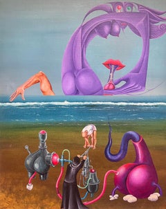 Vintage 1970's Large French Surrealist Oil Painting Figures on the Beach