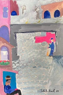 1980's French Modernist Signed Painting Figures in City Street